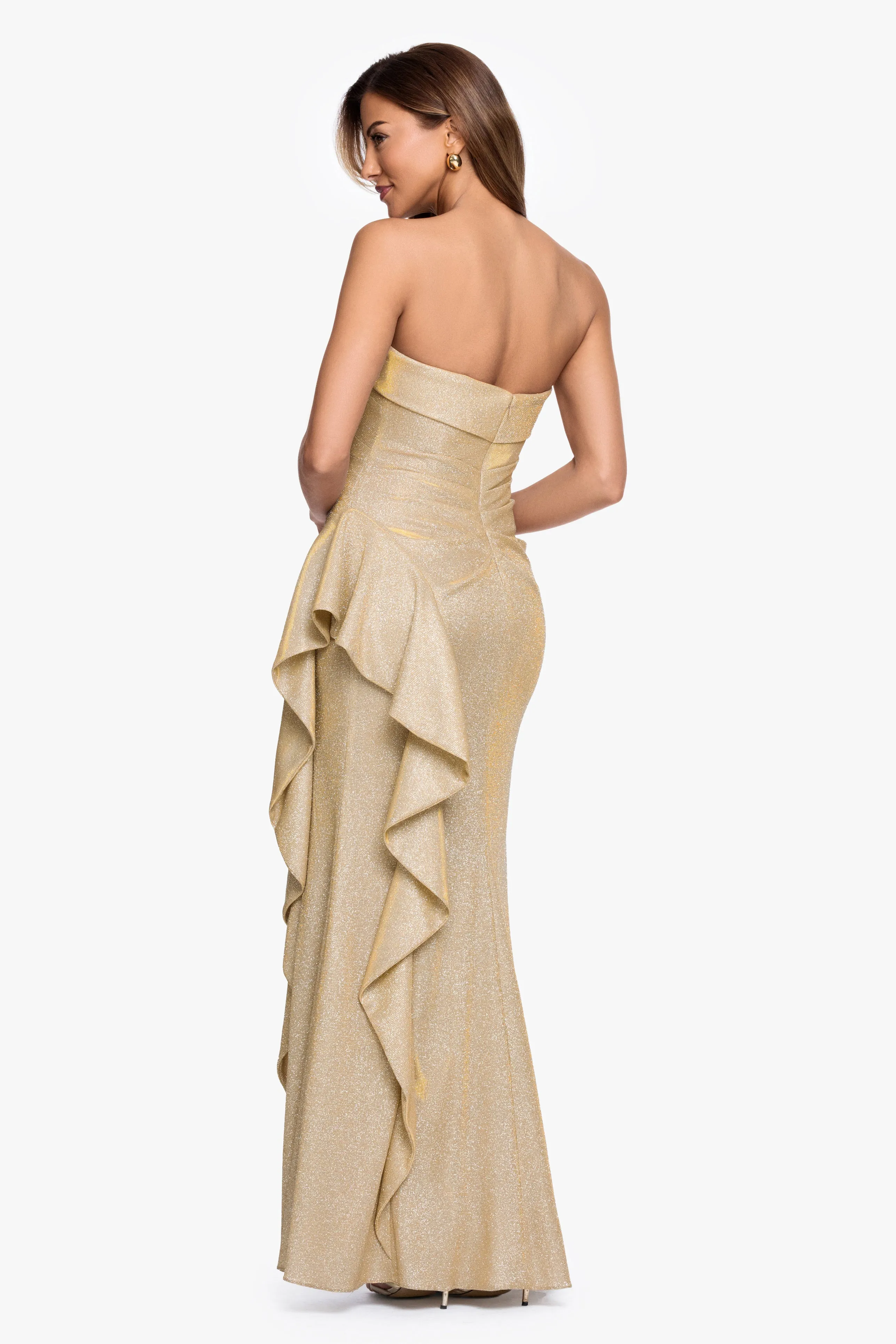 "Elena" Metallic Strapless Side Ruffle Dress sold by Xscape product image thumbnail 3