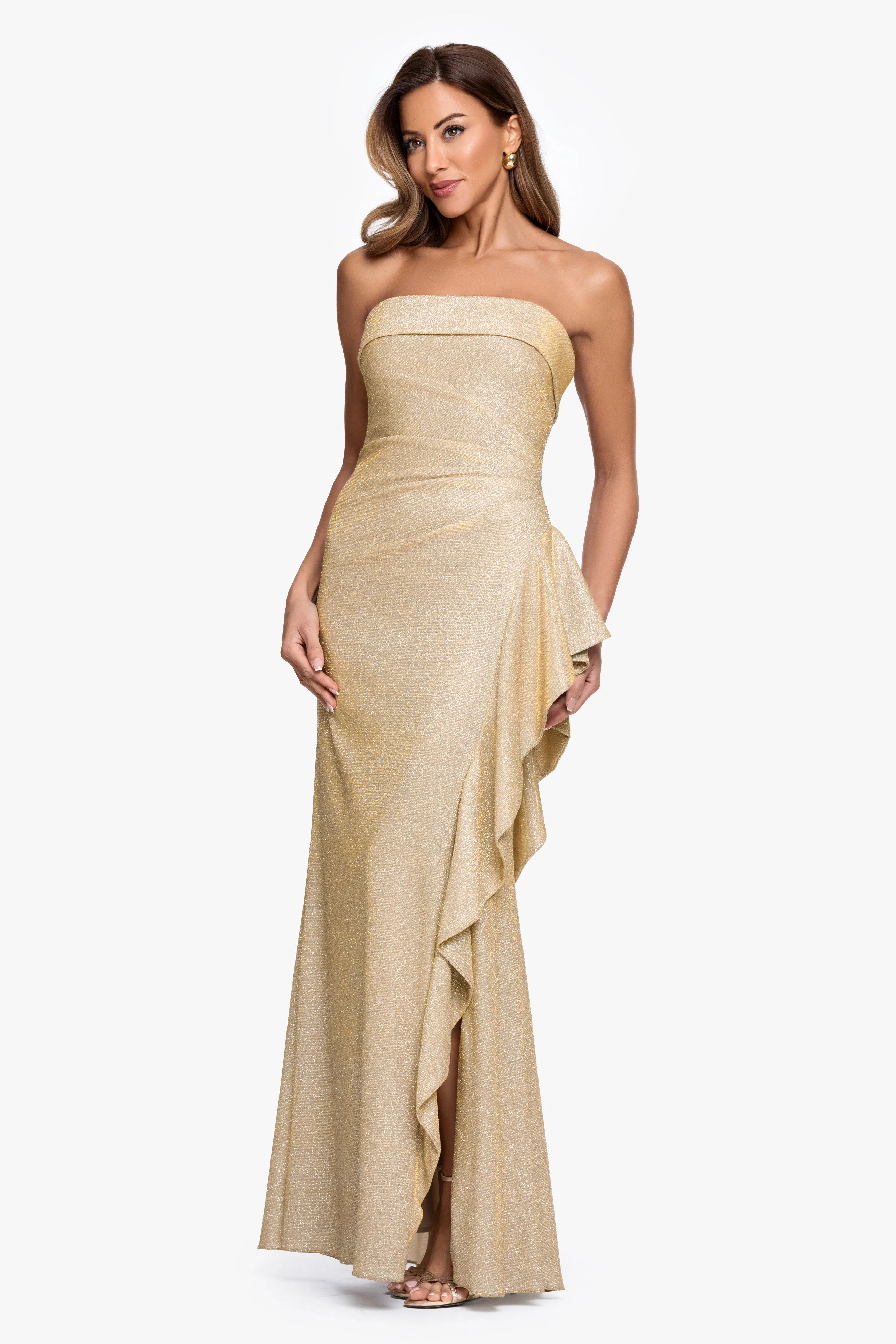 "Elena" Metallic Strapless Side Ruffle Dress sold by Xscape product image thumbnail 4