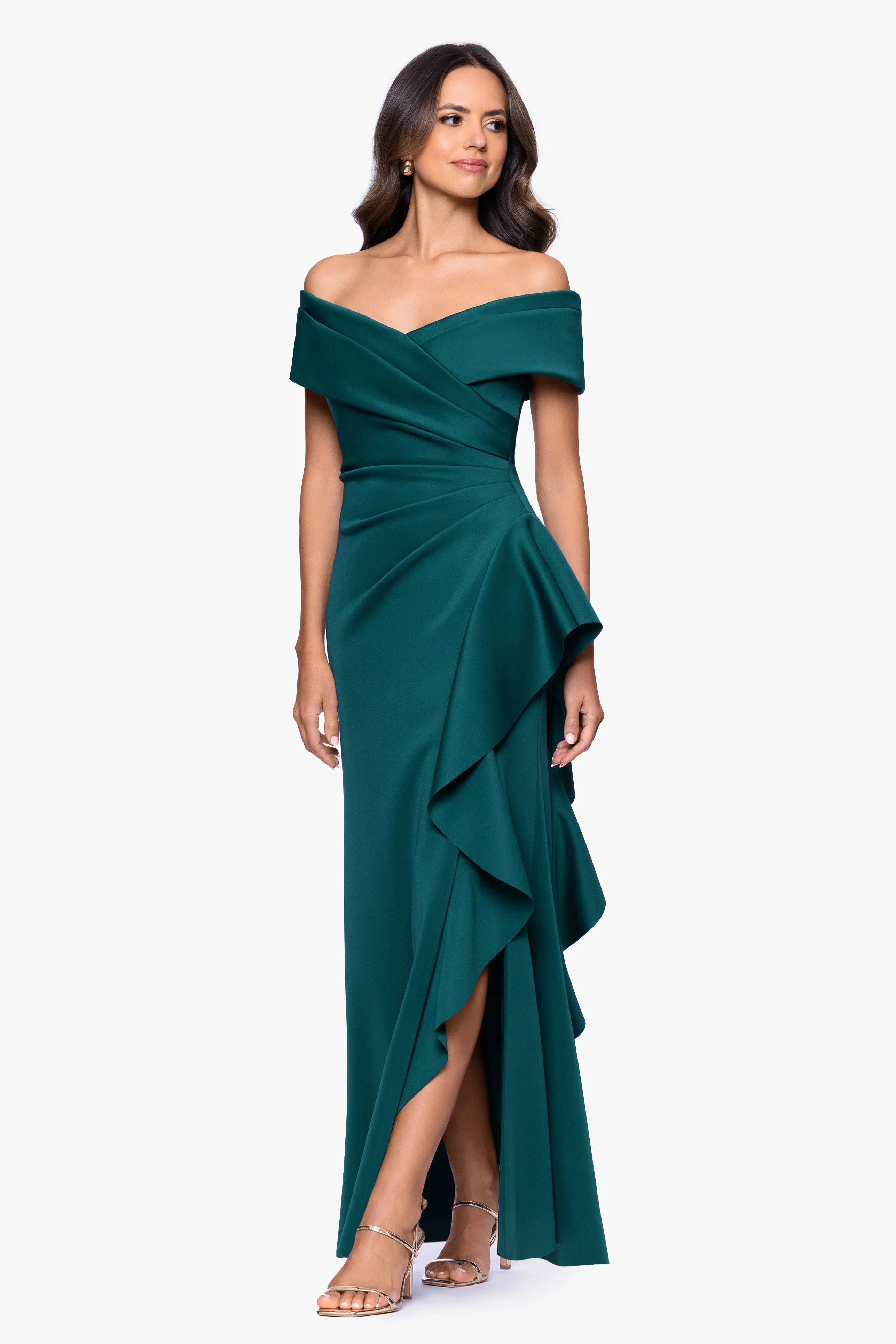 "Pearl" Techno Scuba Off the Shoulder Ruffle Dress sold by Xscape product image thumbnail 4