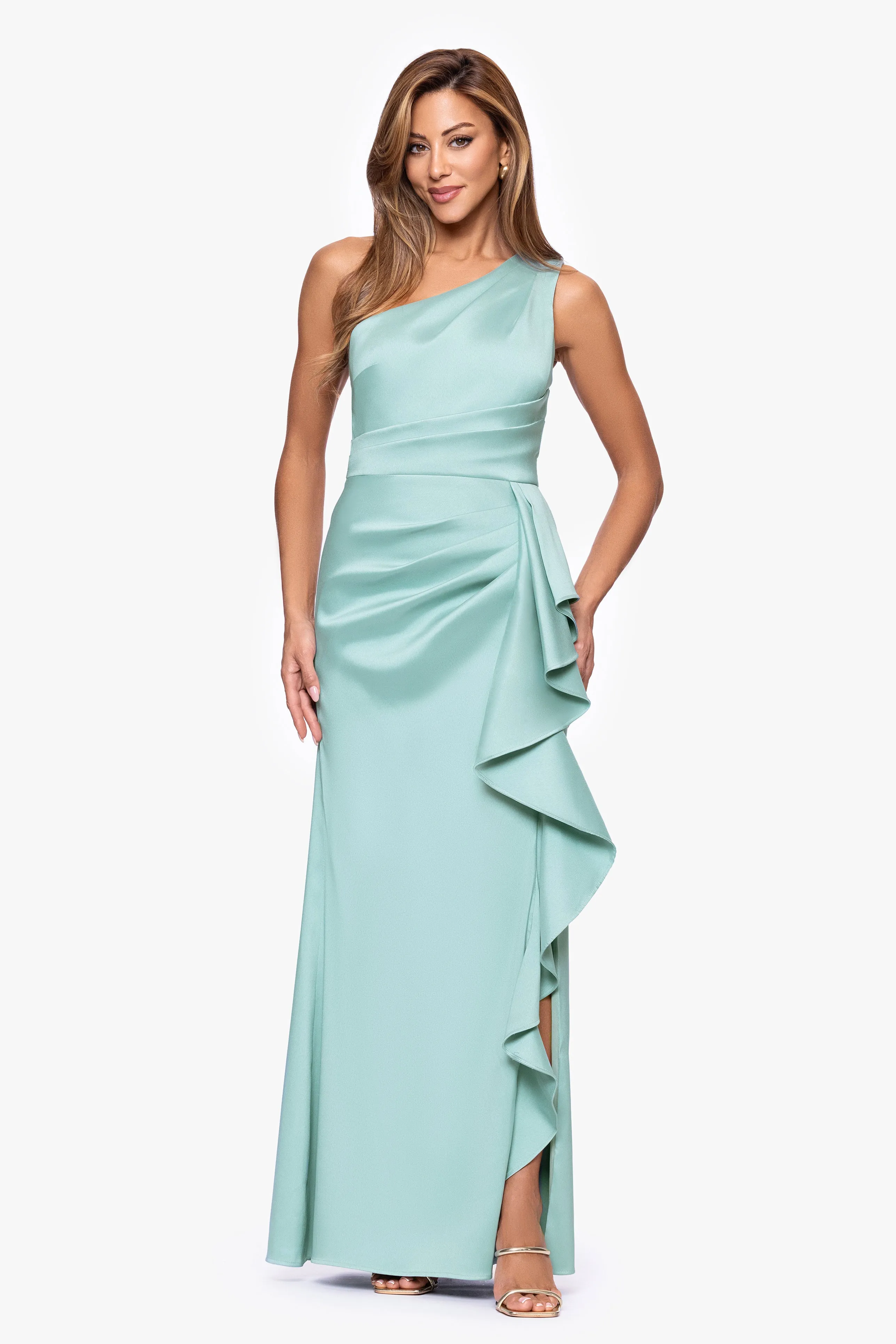 Petite "Nikki" Mikado One Shoulder Ruffle Dress sold by Xscape