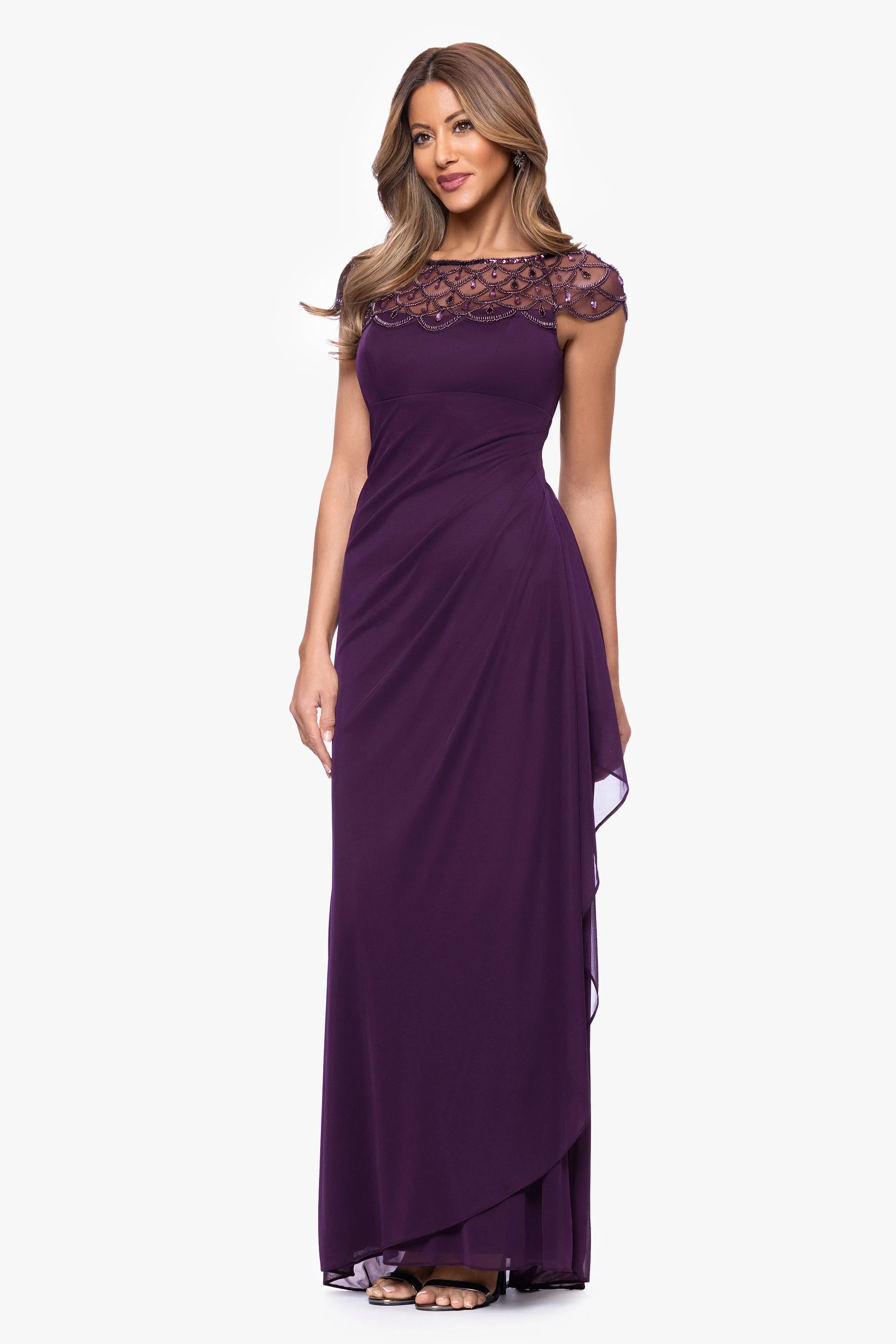 "Khloe" Sheer Matte Jersey Embellished Ruffle Dress sold by Xscape product image thumbnail 4