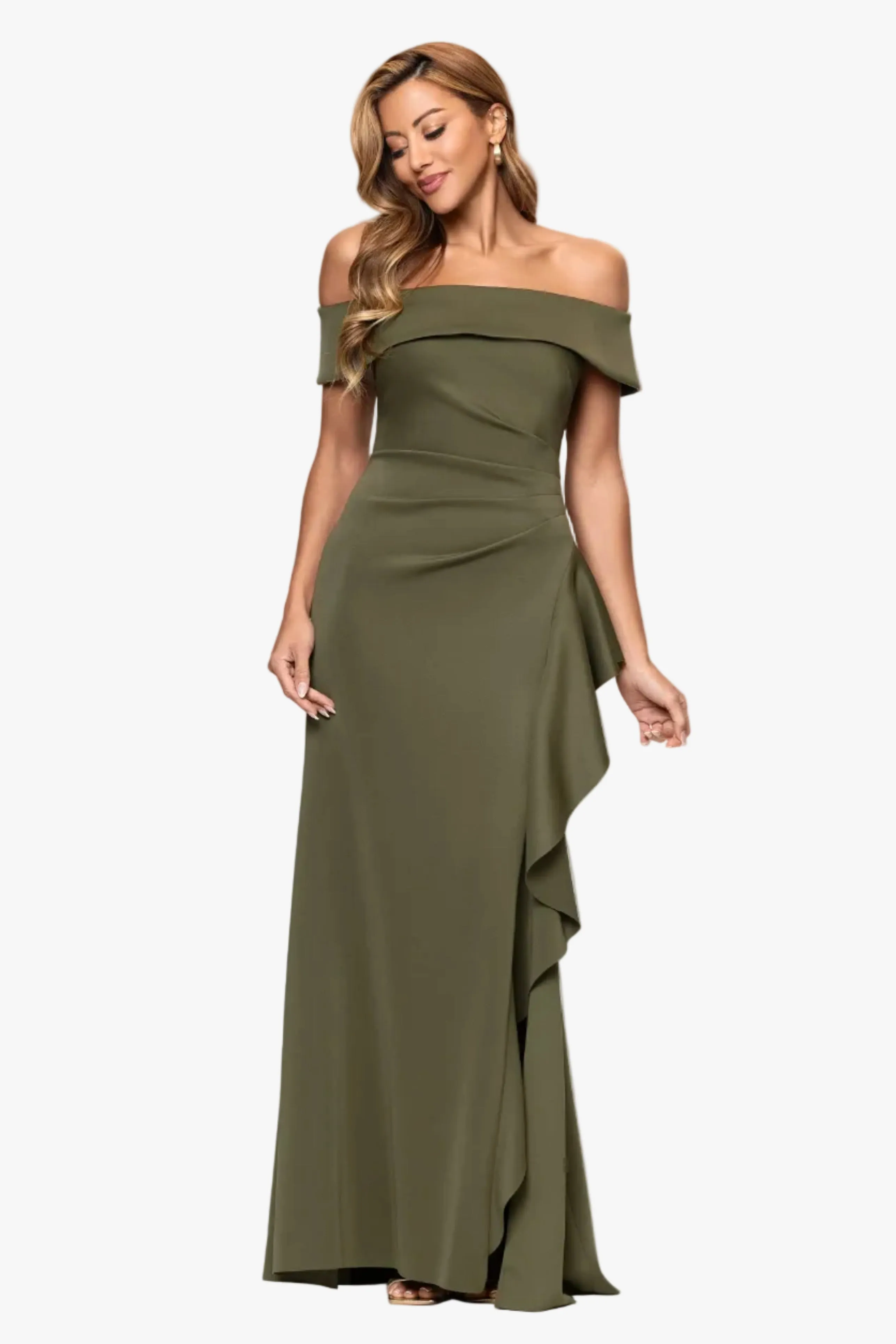 Petite "Dolly" Techno Scuba Off The Shoulder Ruffle Dress sold by Xscape product image thumbnail 2