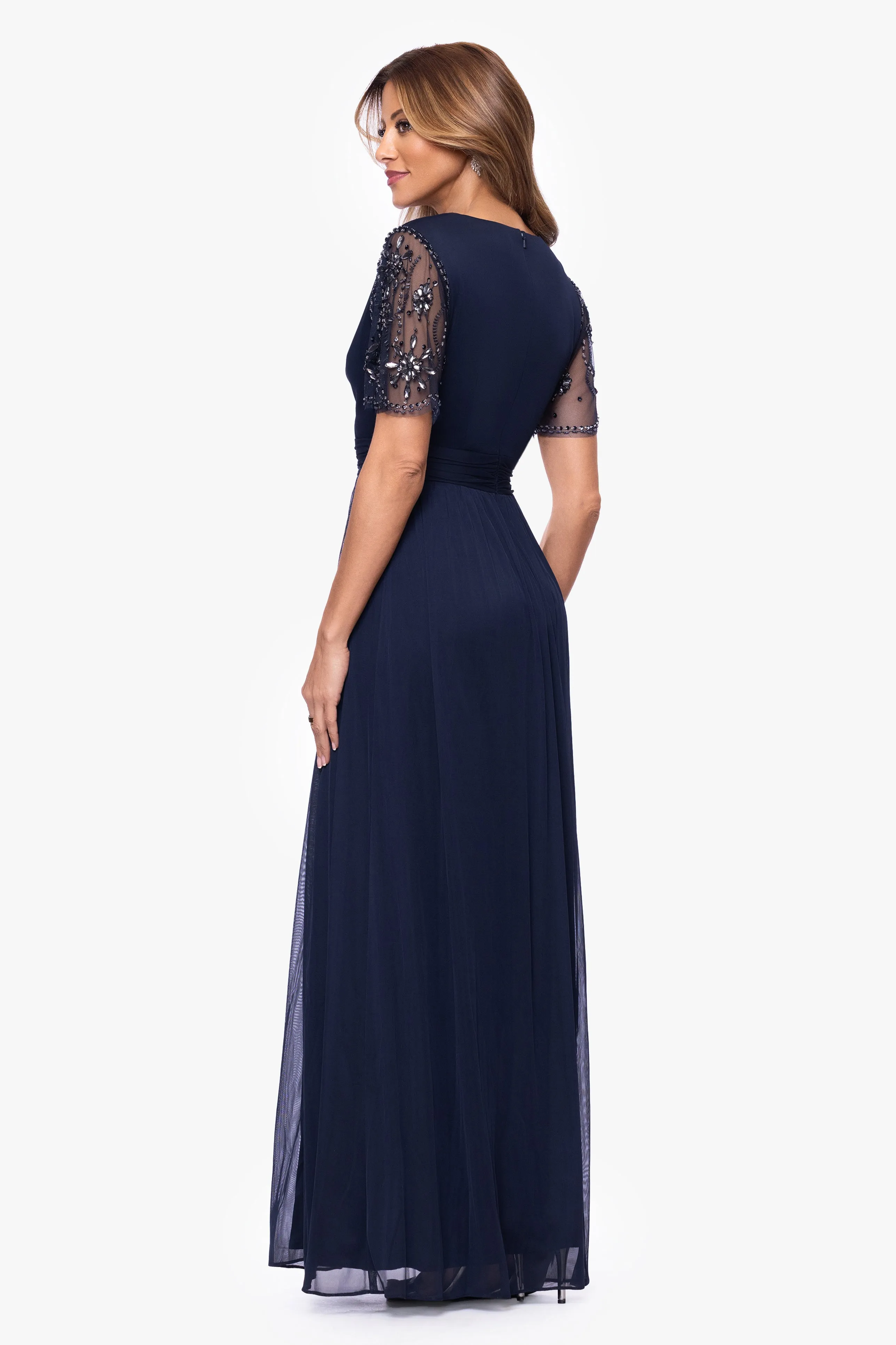"Aurelia" Sheer Jersey Mesh Beaded Sleeve Dress sold by Xscape product image thumbnail 3