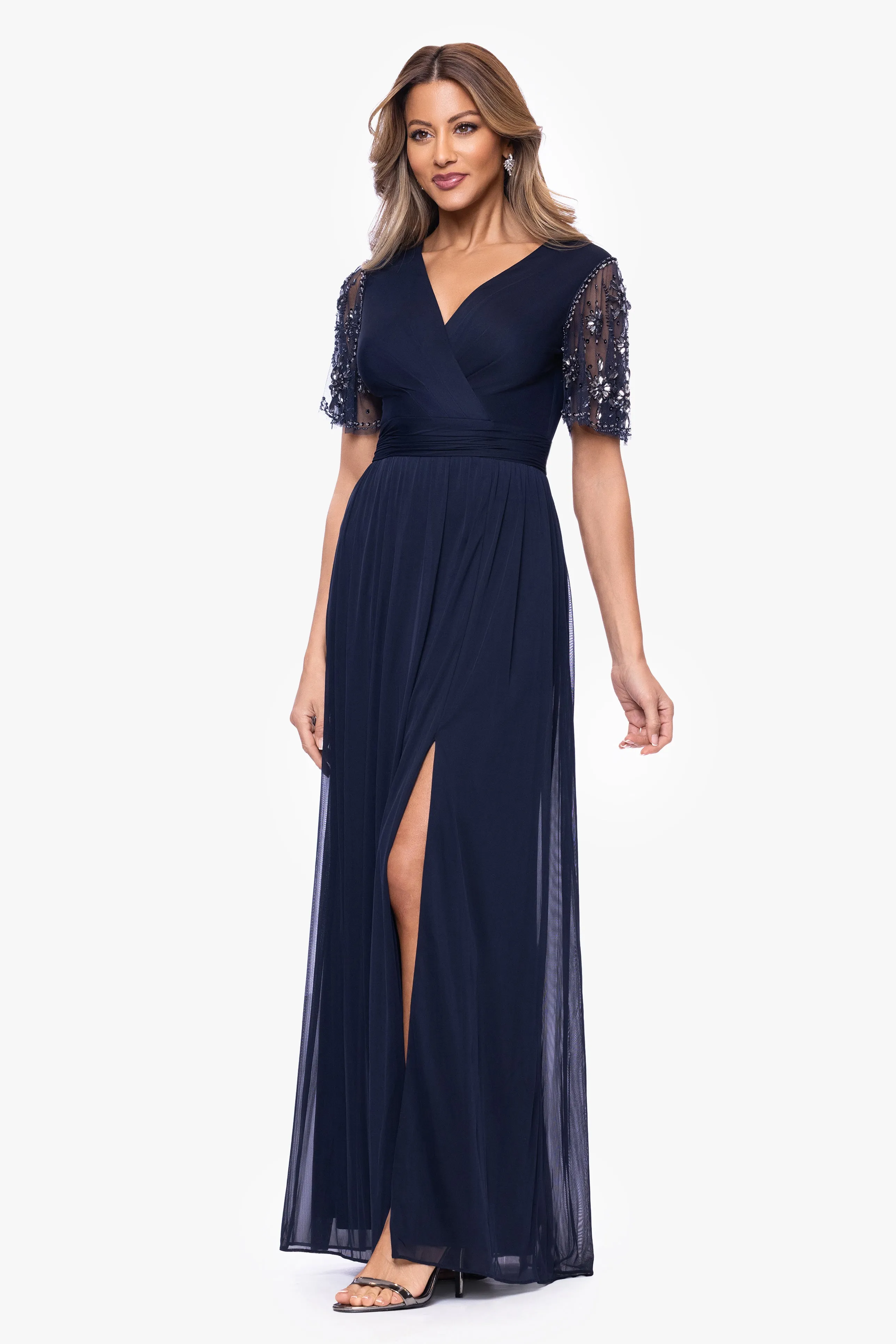 "Aurelia" Sheer Jersey Mesh Beaded Sleeve Dress sold by Xscape product image thumbnail 4
