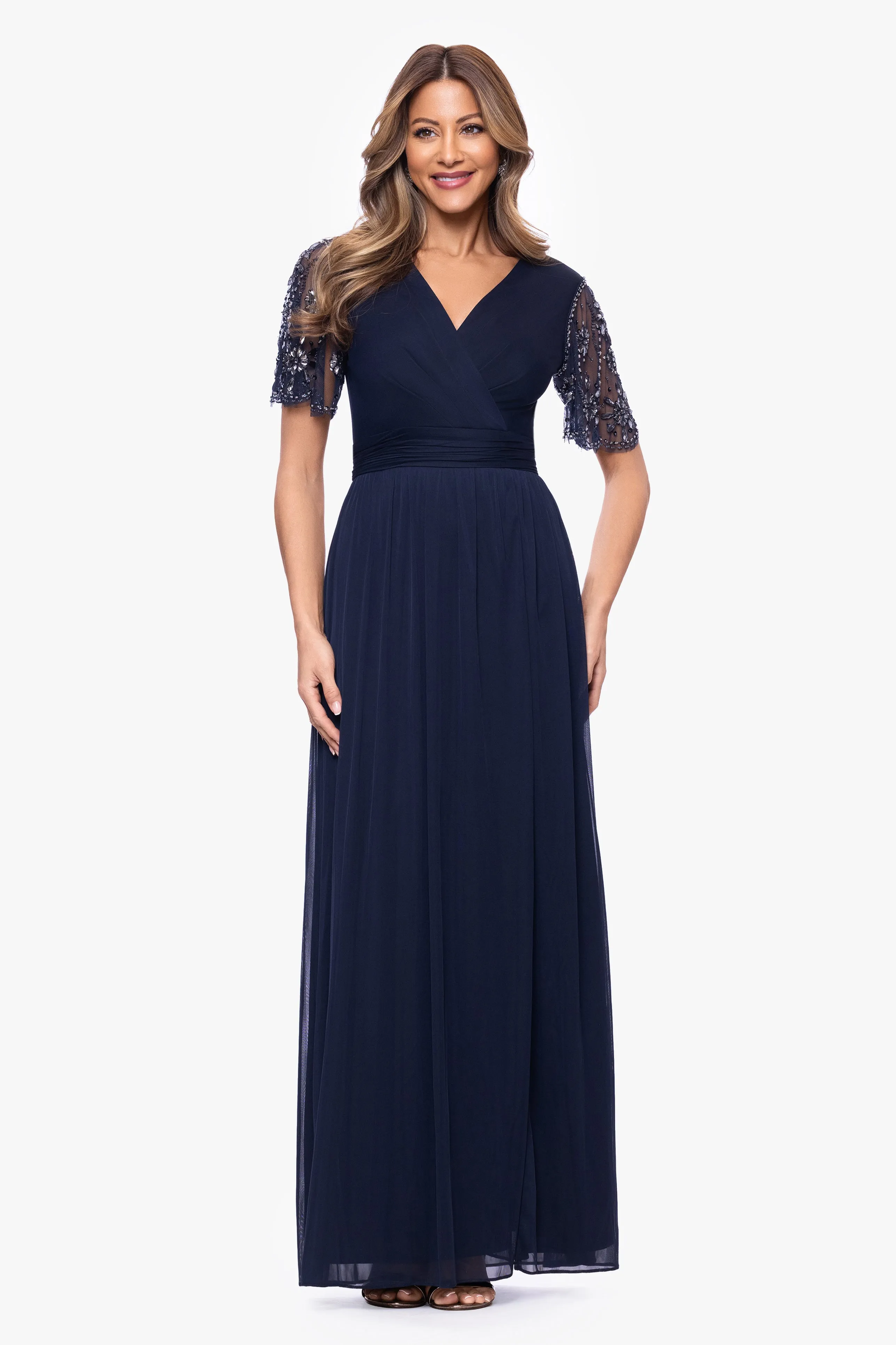 "Aurelia" Sheer Jersey Mesh Beaded Sleeve Dress sold by Xscape product image thumbnail 5