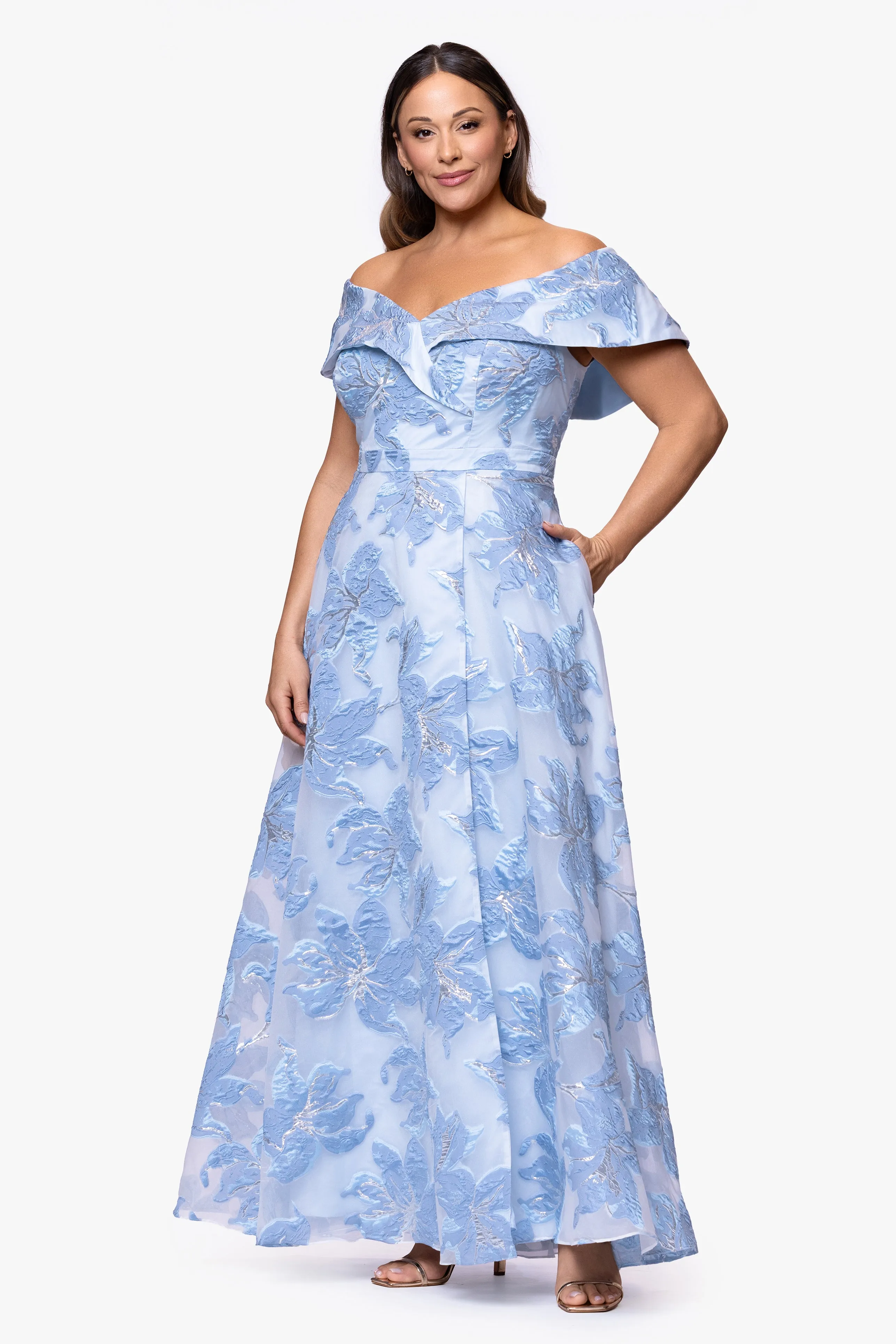 Plus "Alexi" Organza & Jacquard Off The Shoulder Dress sold by Xscape product image thumbnail 5