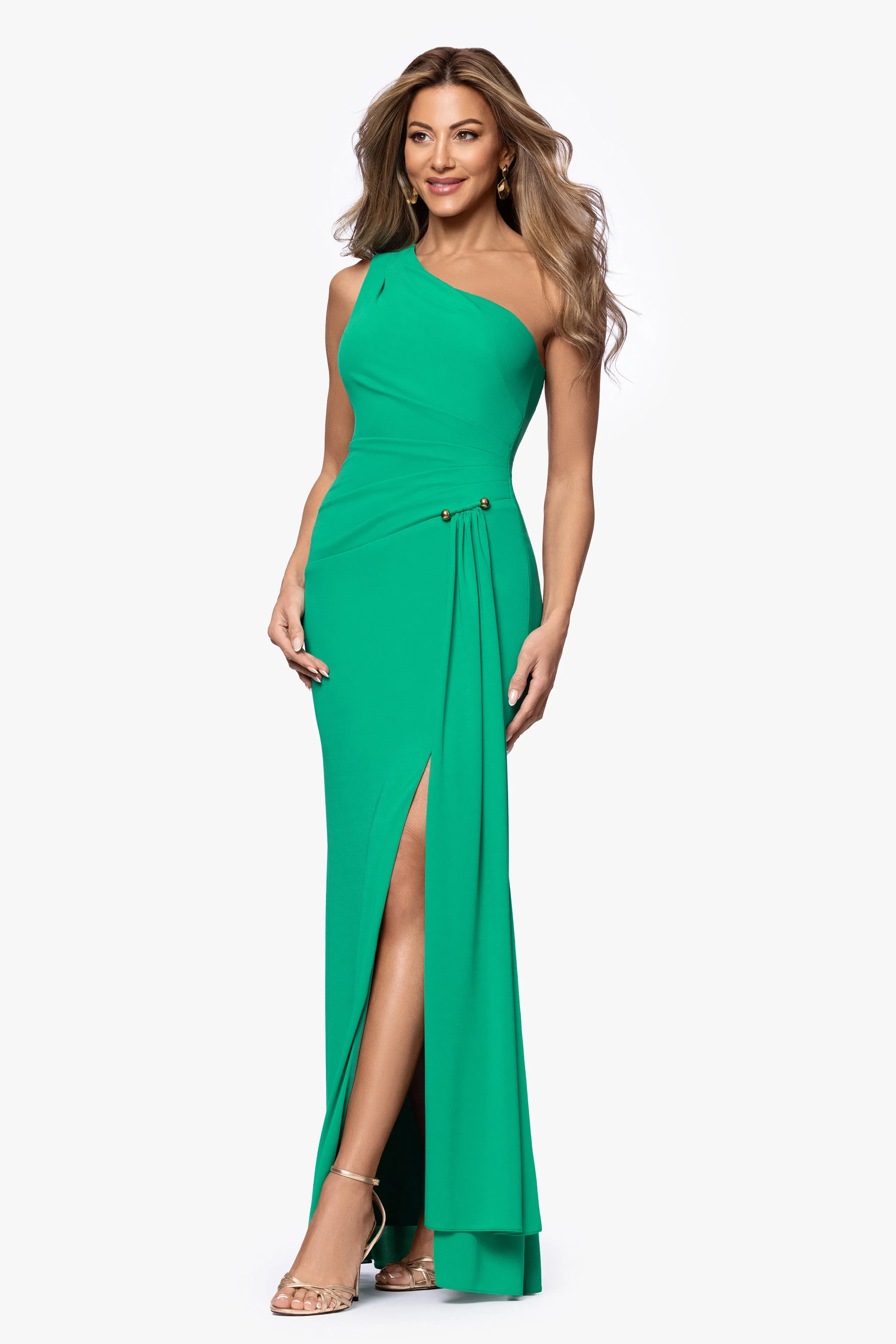 "Caroline" Sheer Matte Jersey One Shoulder With Gold Detail Dress sold by Xscape product image thumbnail 4