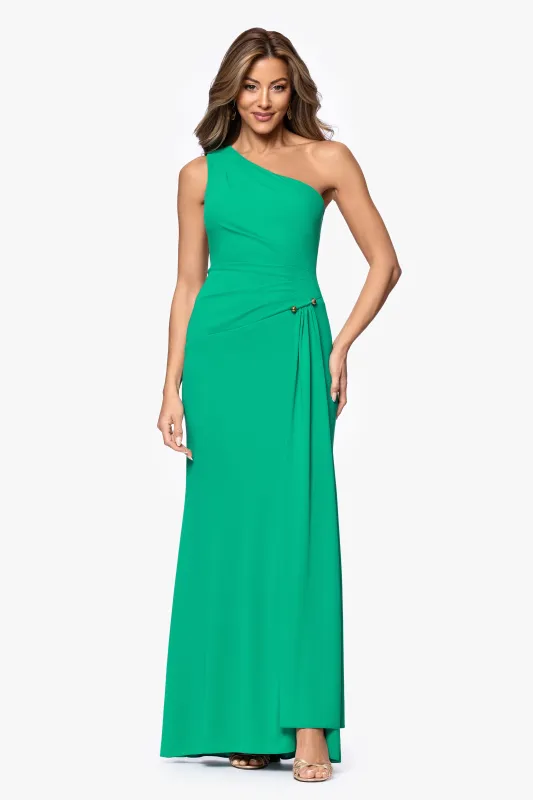 "Caroline" Sheer Matte Jersey One Shoulder With Gold Detail Dress made by Xscape