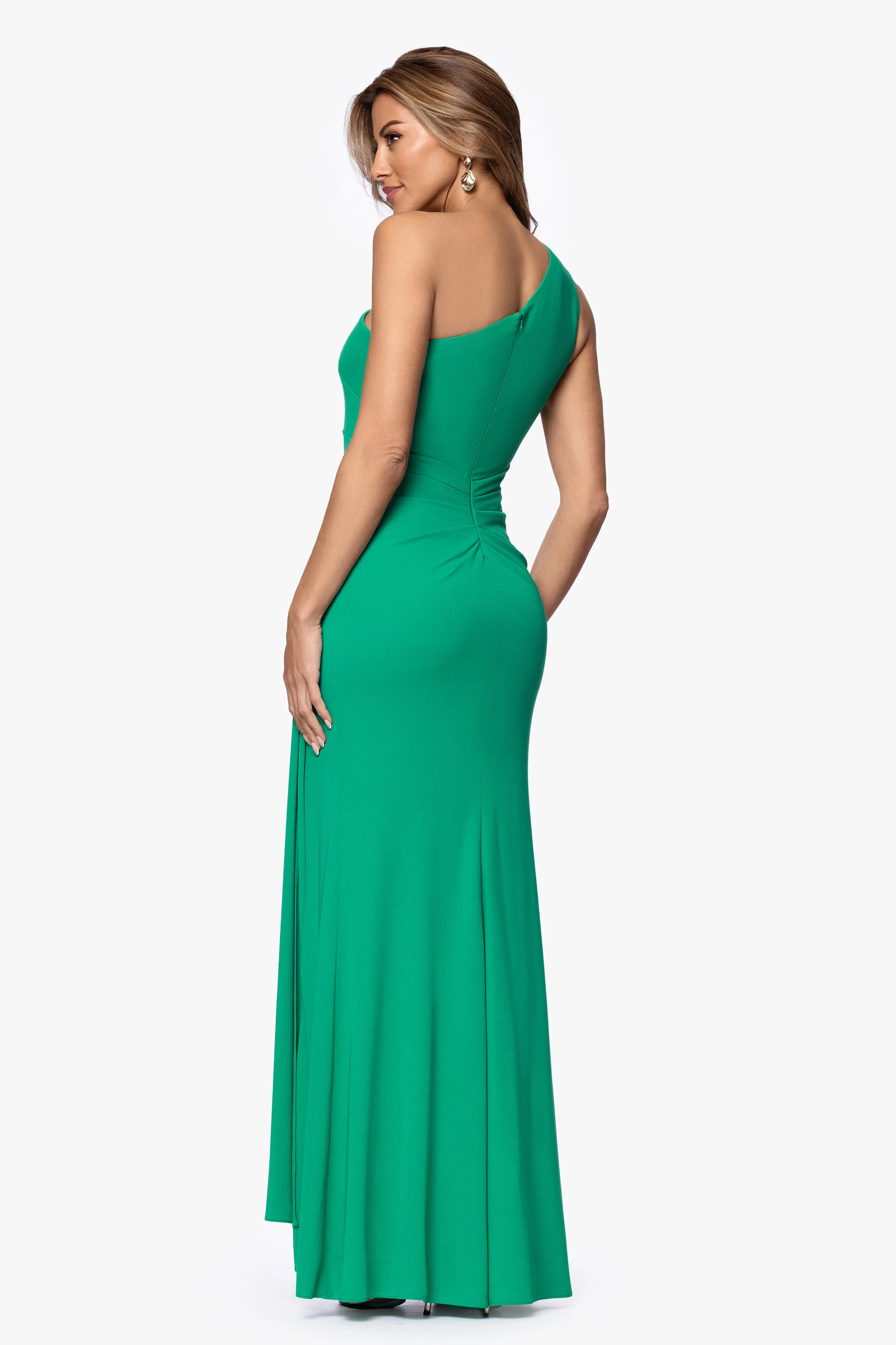 "Caroline" Sheer Matte Jersey One Shoulder With Gold Detail Dress sold by Xscape product image thumbnail 3