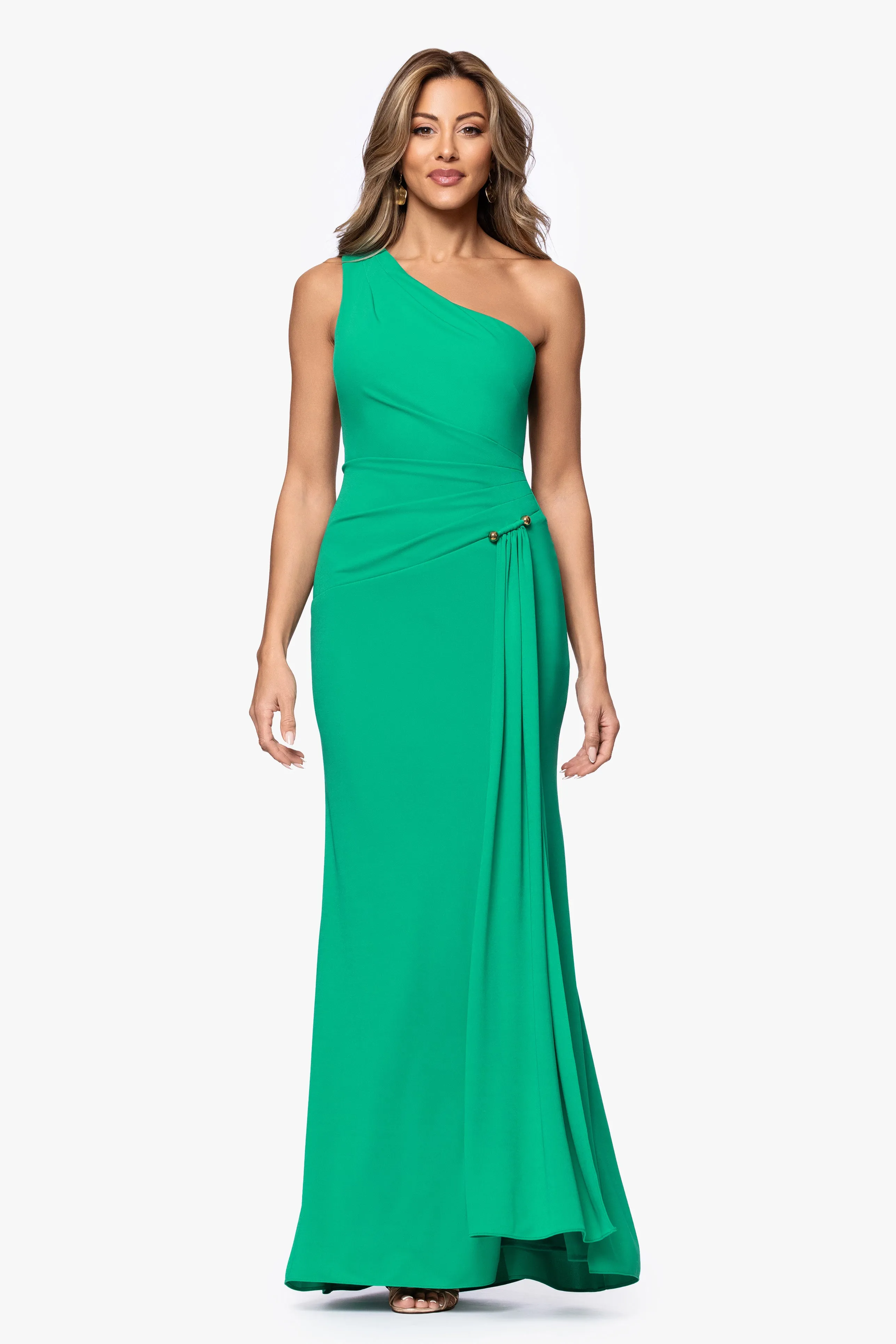 "Caroline" Sheer Matte Jersey One Shoulder With Gold Detail Dress sold by Xscape product image thumbnail 5