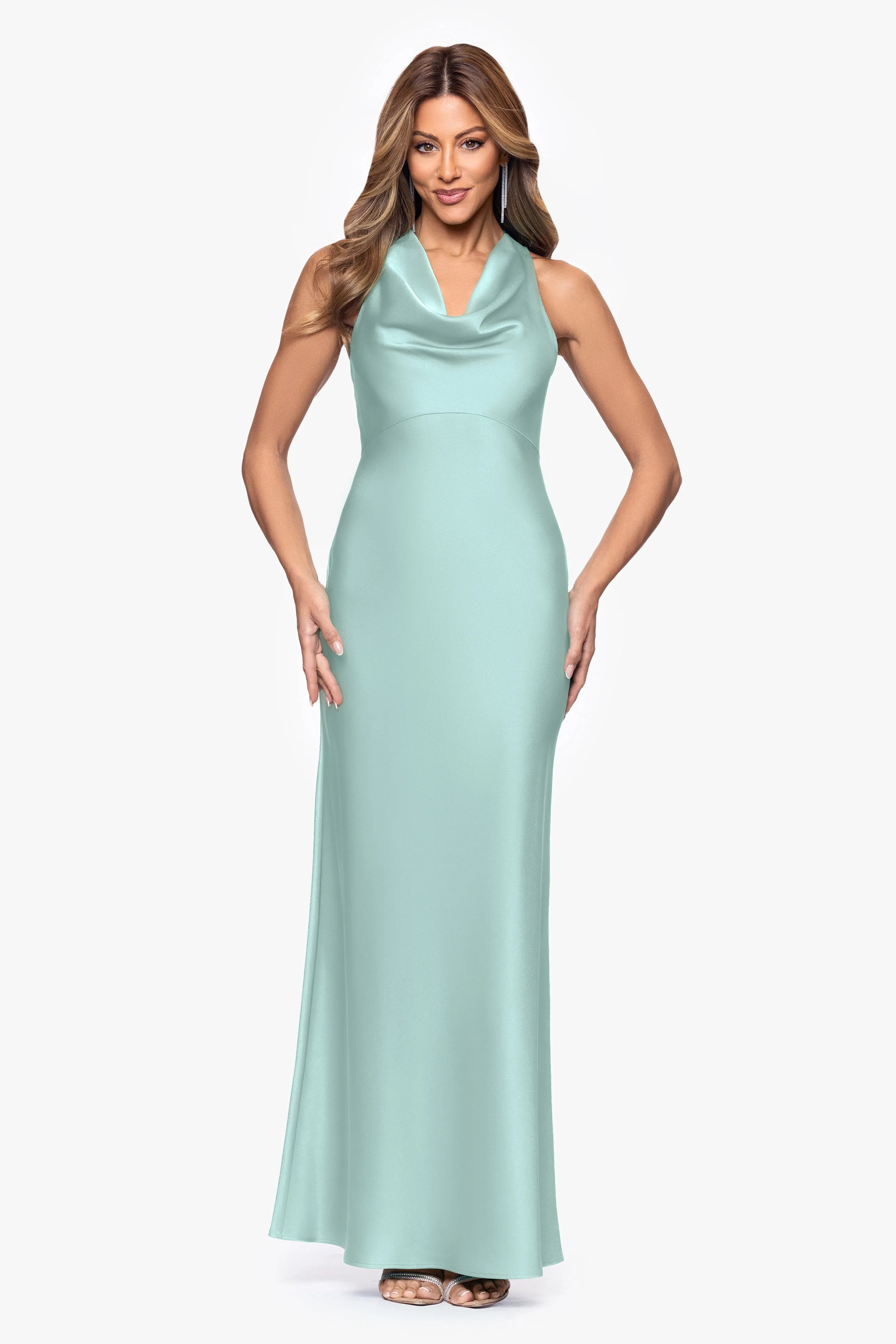 "Veronica" Satin Cowl Neck Dress sold by Xscape