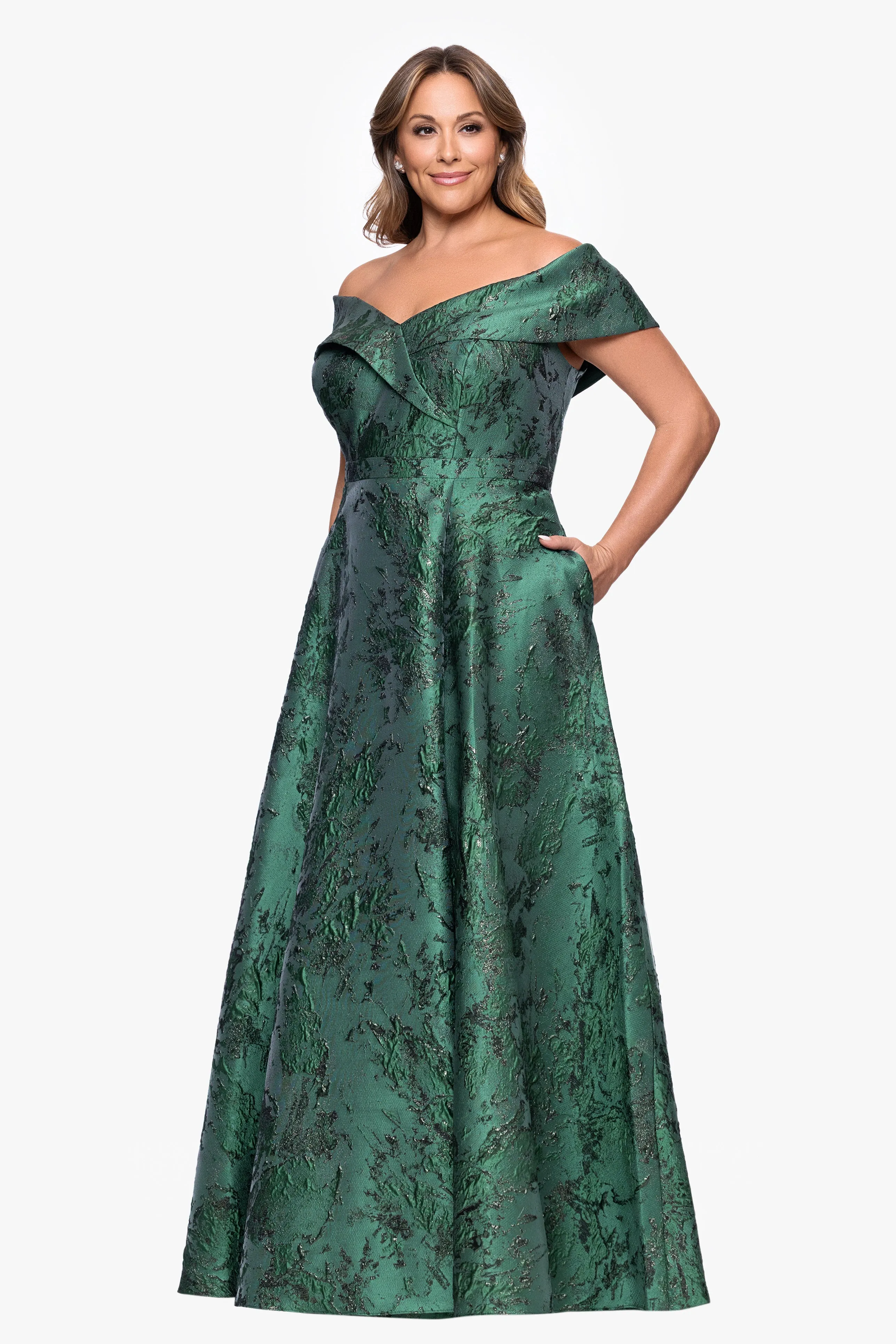 Plus "Daphne" Brocade Off Shoulder Dress sold by Xscape product image thumbnail 4