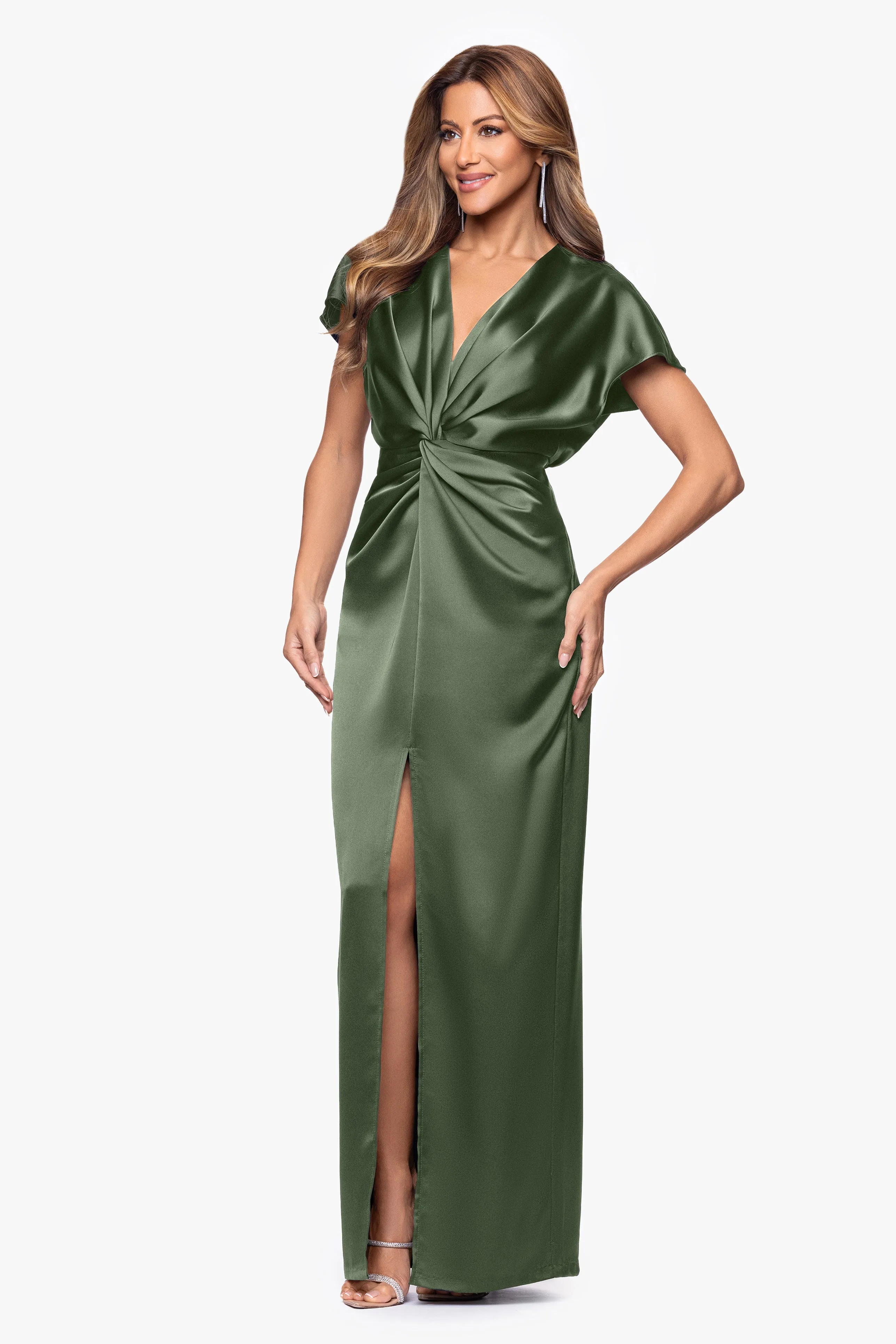 "Evelyn" Satin Short Sleeve V-Neck Tie Dress sold by Xscape product image thumbnail 4