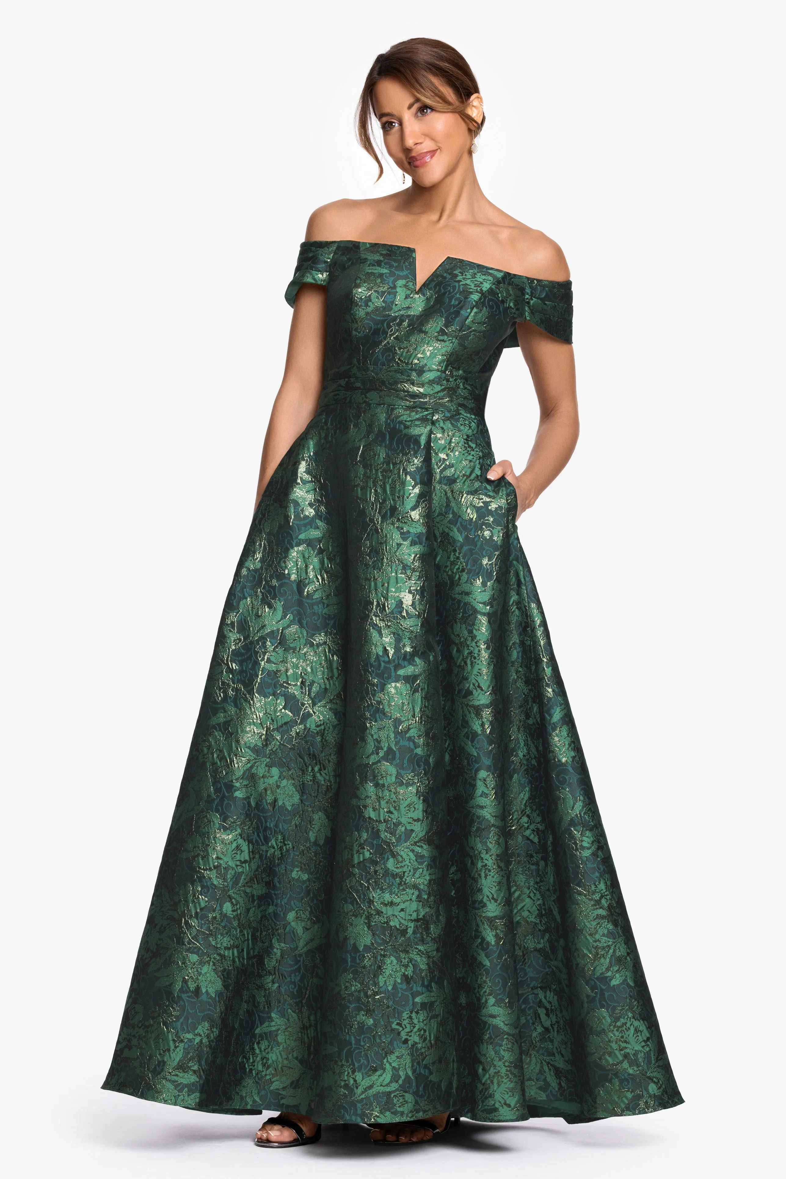 "Esther" Printed Brocade Off The Shoulder Gown sold by Xscape product image thumbnail 4