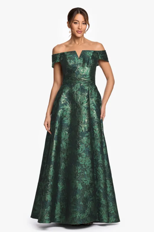"Esther" Printed Brocade Off The Shoulder Gown made by Xscape