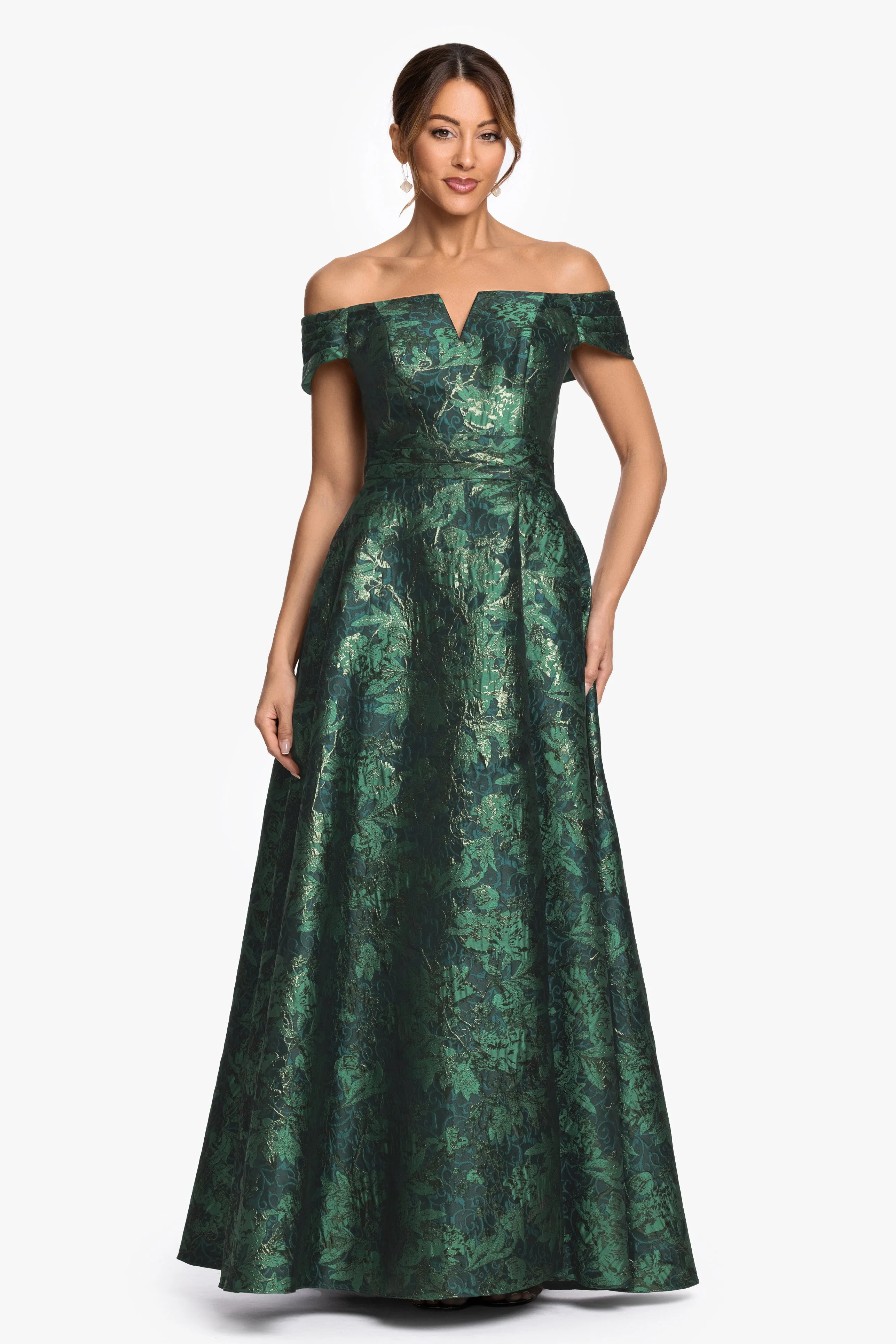 "Esther" Printed Brocade Off The Shoulder Gown sold by Xscape
