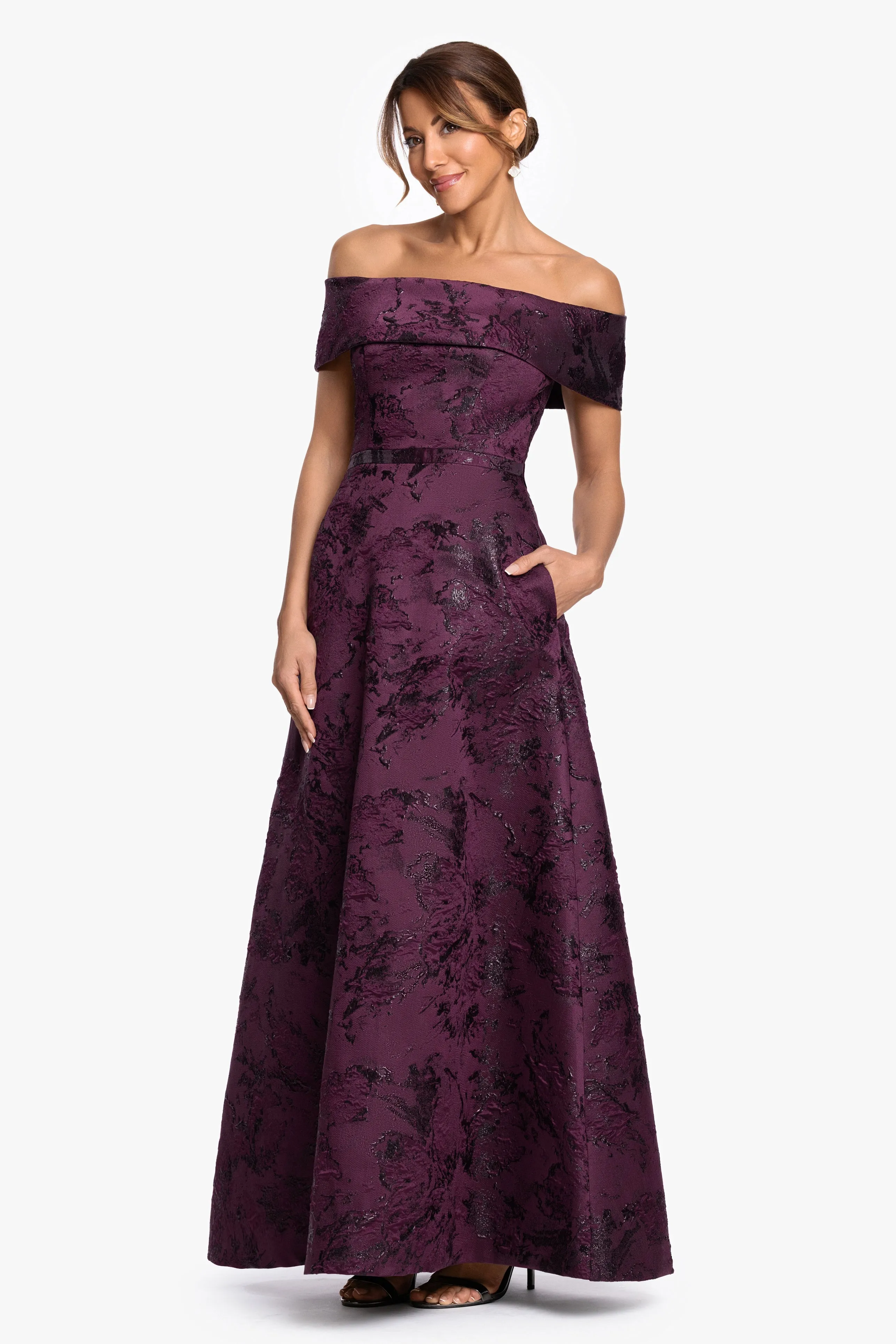 "Emily" Printed Brocade Off The Shoulder Gown sold by Xscape product image thumbnail 4
