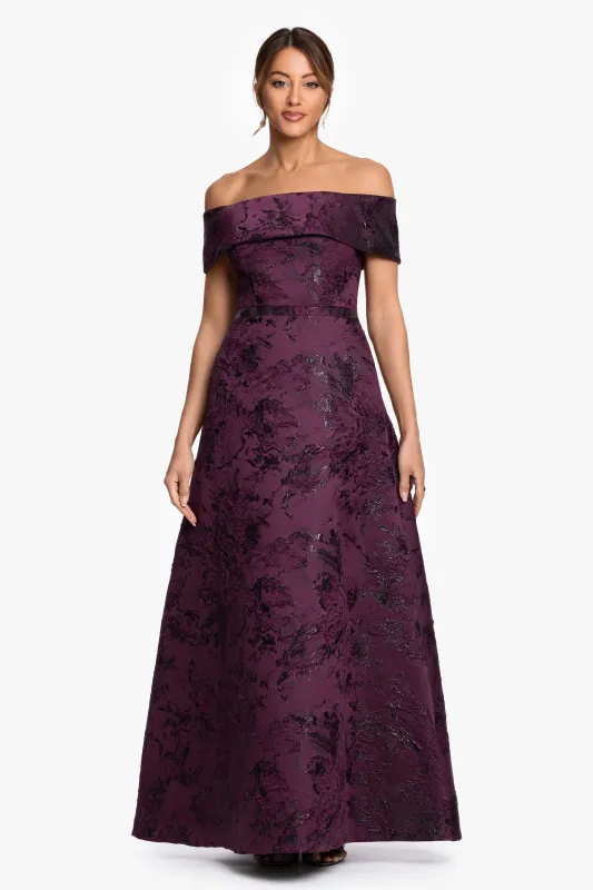 "Emily" Printed Brocade Off The Shoulder Gown made by Xscape