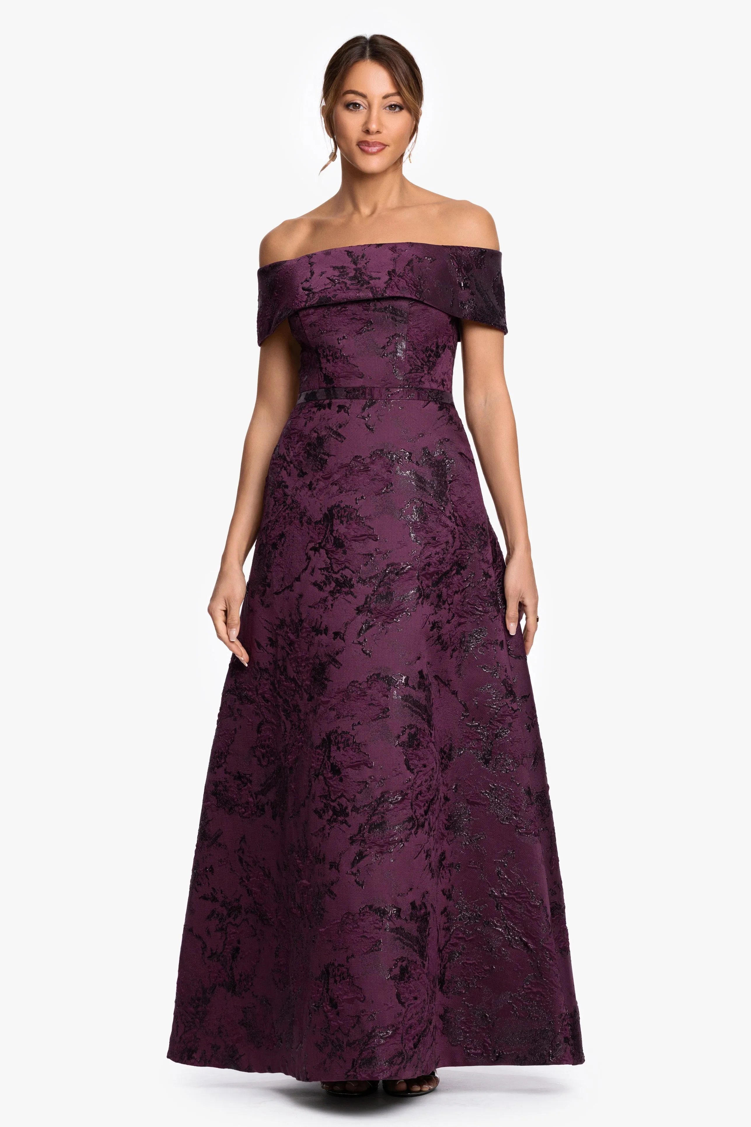 "Emily" Printed Brocade Off The Shoulder Gown sold by Xscape