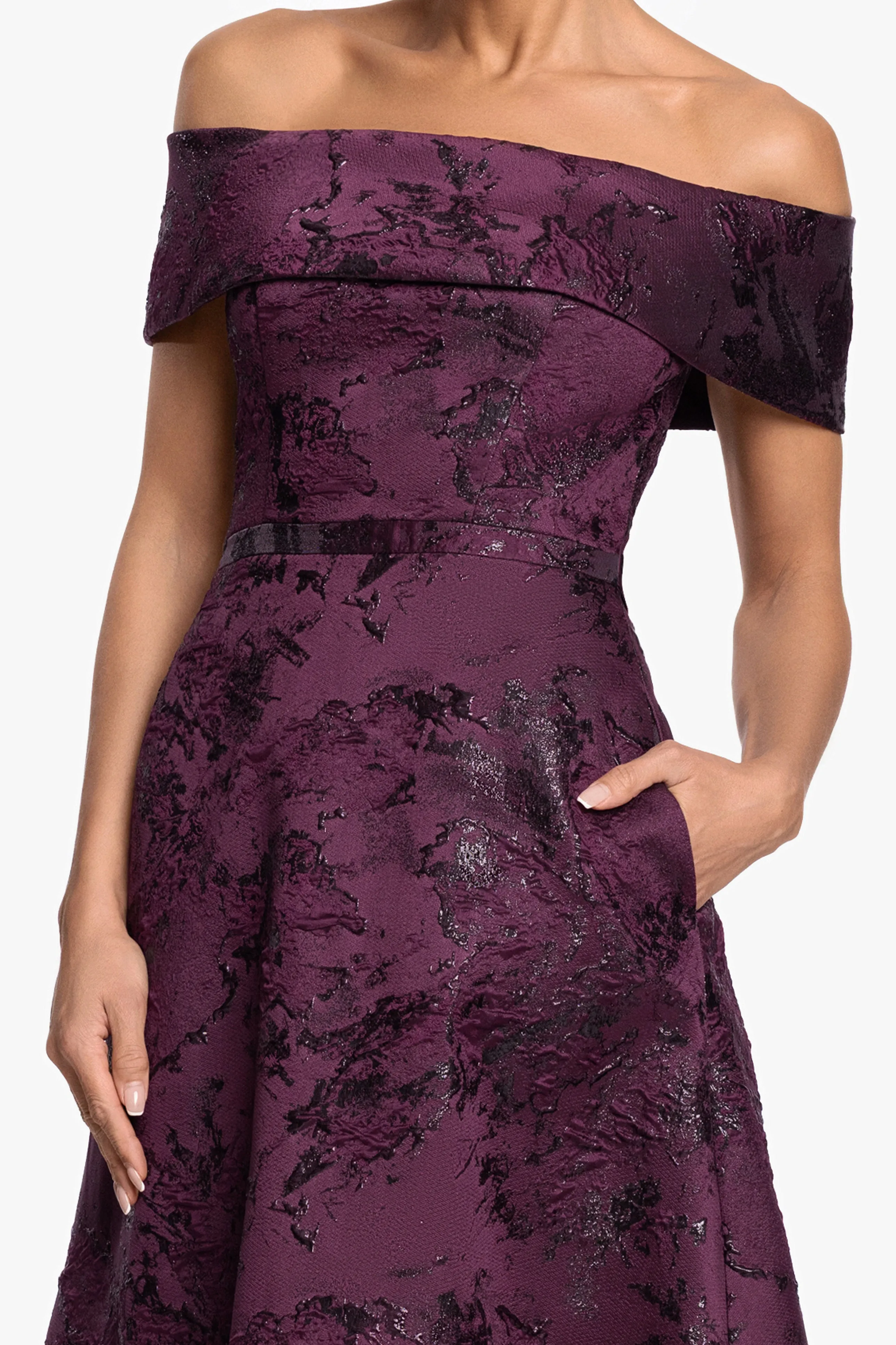 "Emily" Printed Brocade Off The Shoulder Gown sold by Xscape product image thumbnail 2