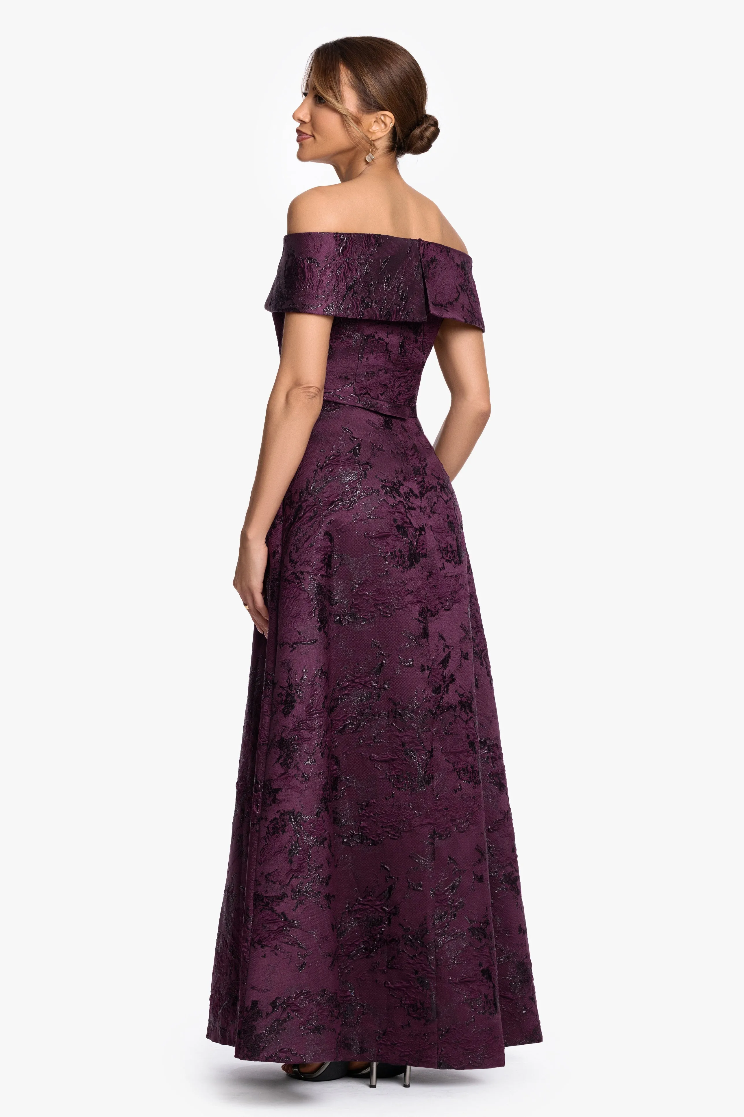 "Emily" Printed Brocade Off The Shoulder Gown sold by Xscape product image thumbnail 3