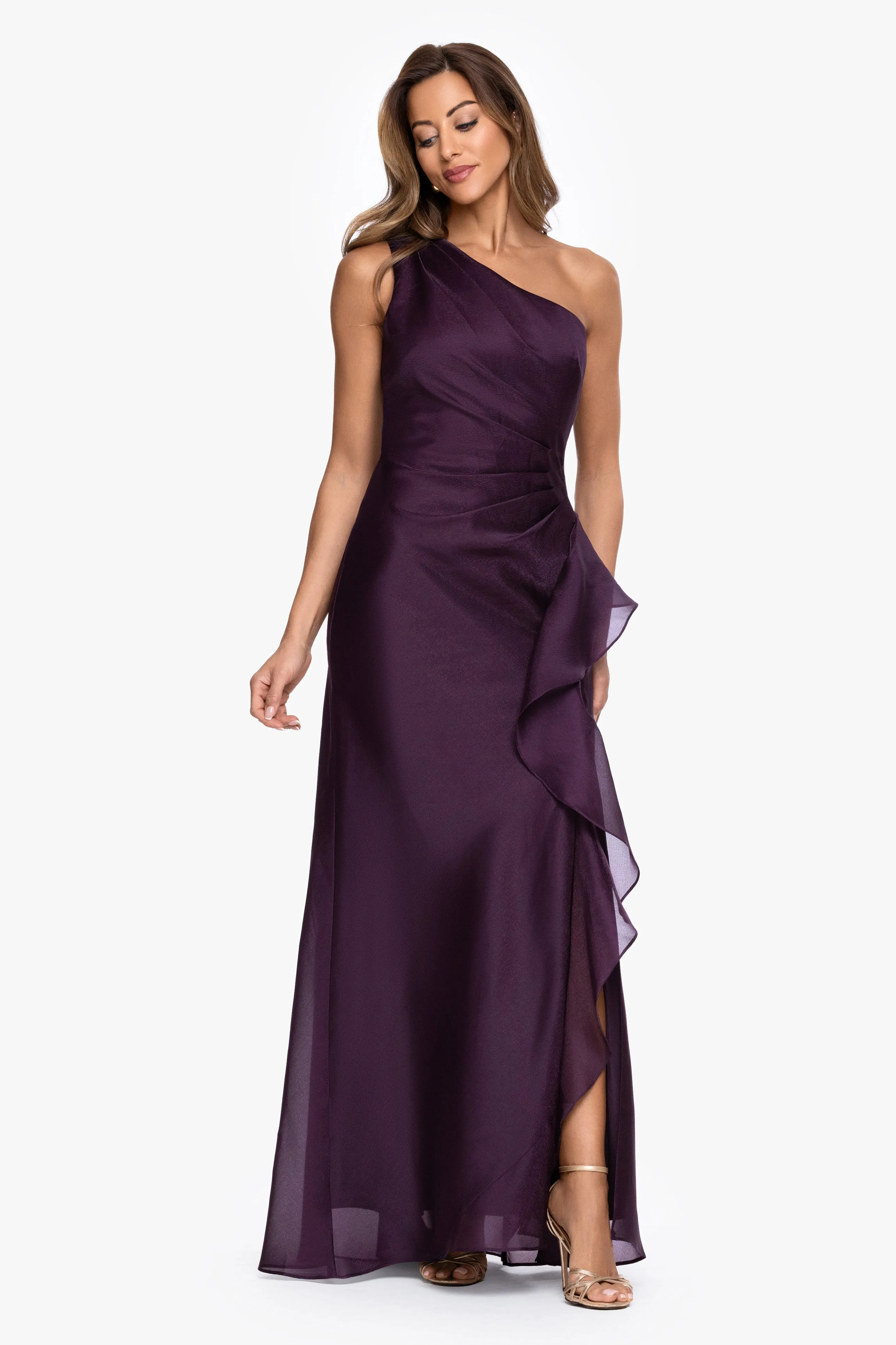 "Serena" Metallic Organza One Shoulder Dress sold by Xscape product image thumbnail 5