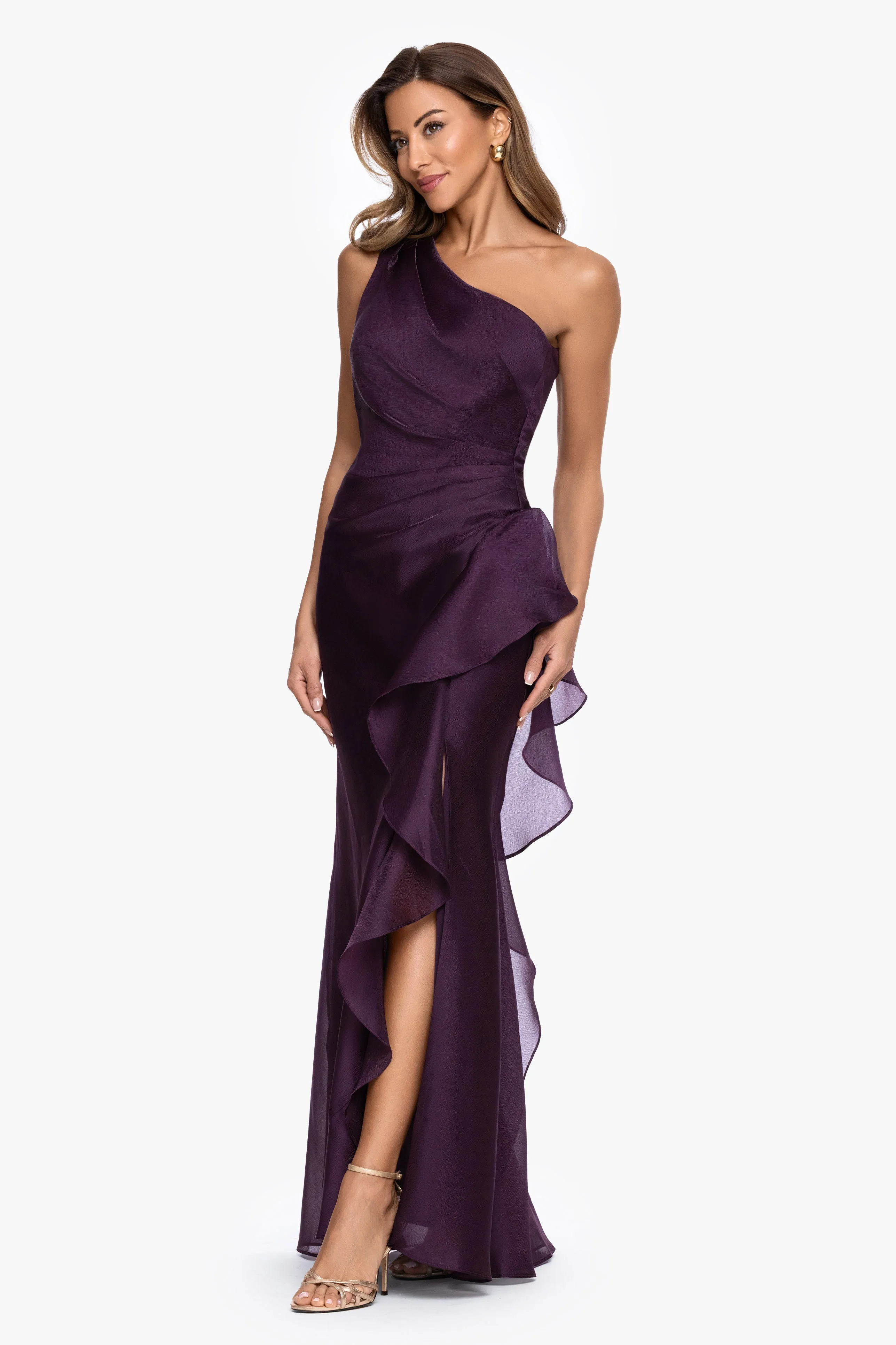 "Serena" Metallic Organza One Shoulder Dress sold by Xscape product image thumbnail 4