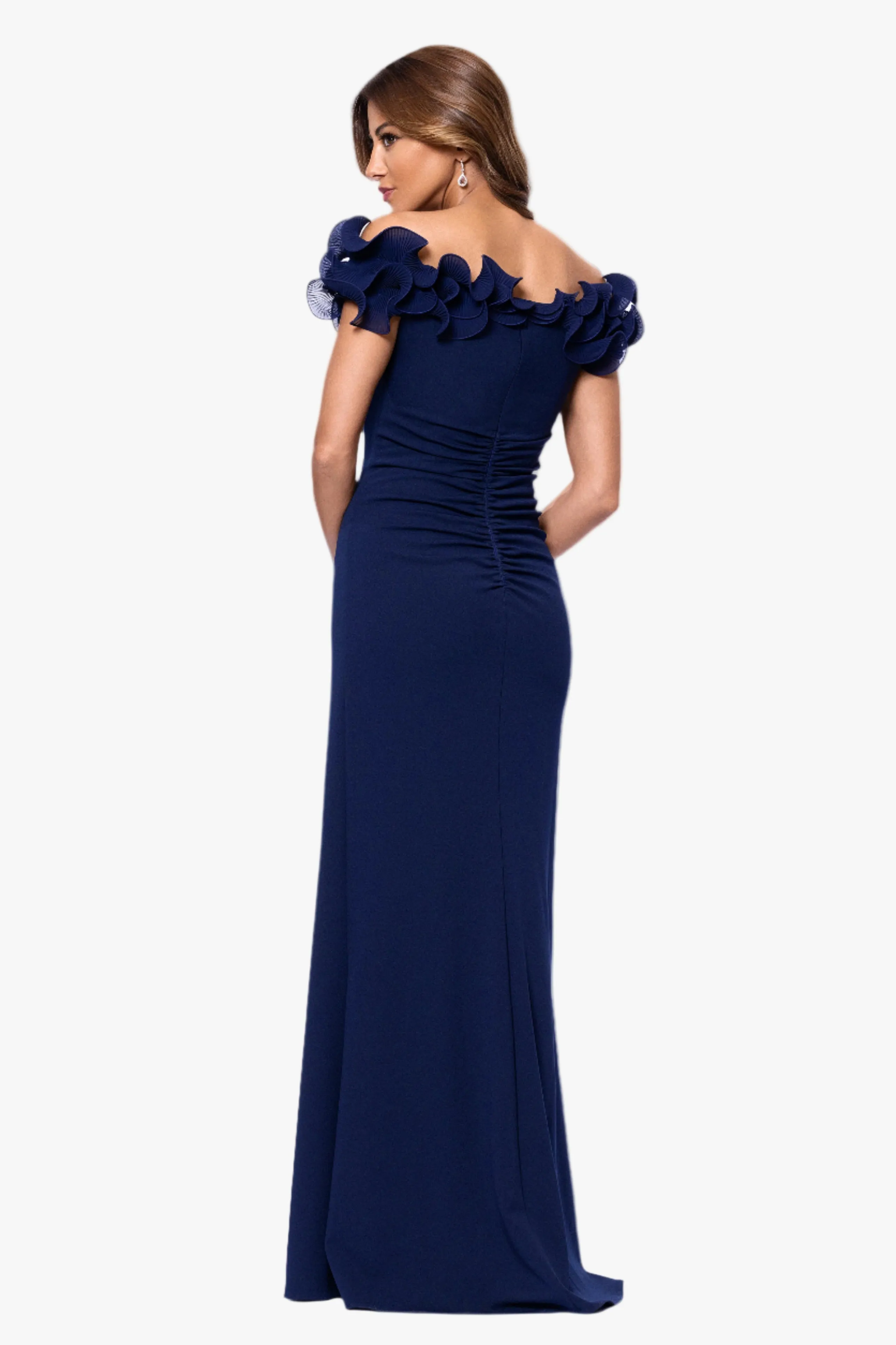 Petite "Anya" Scuba Crepe Off the Shoulder Chiffon Ruffle Neckline Dress sold by Xscape product image thumbnail 3