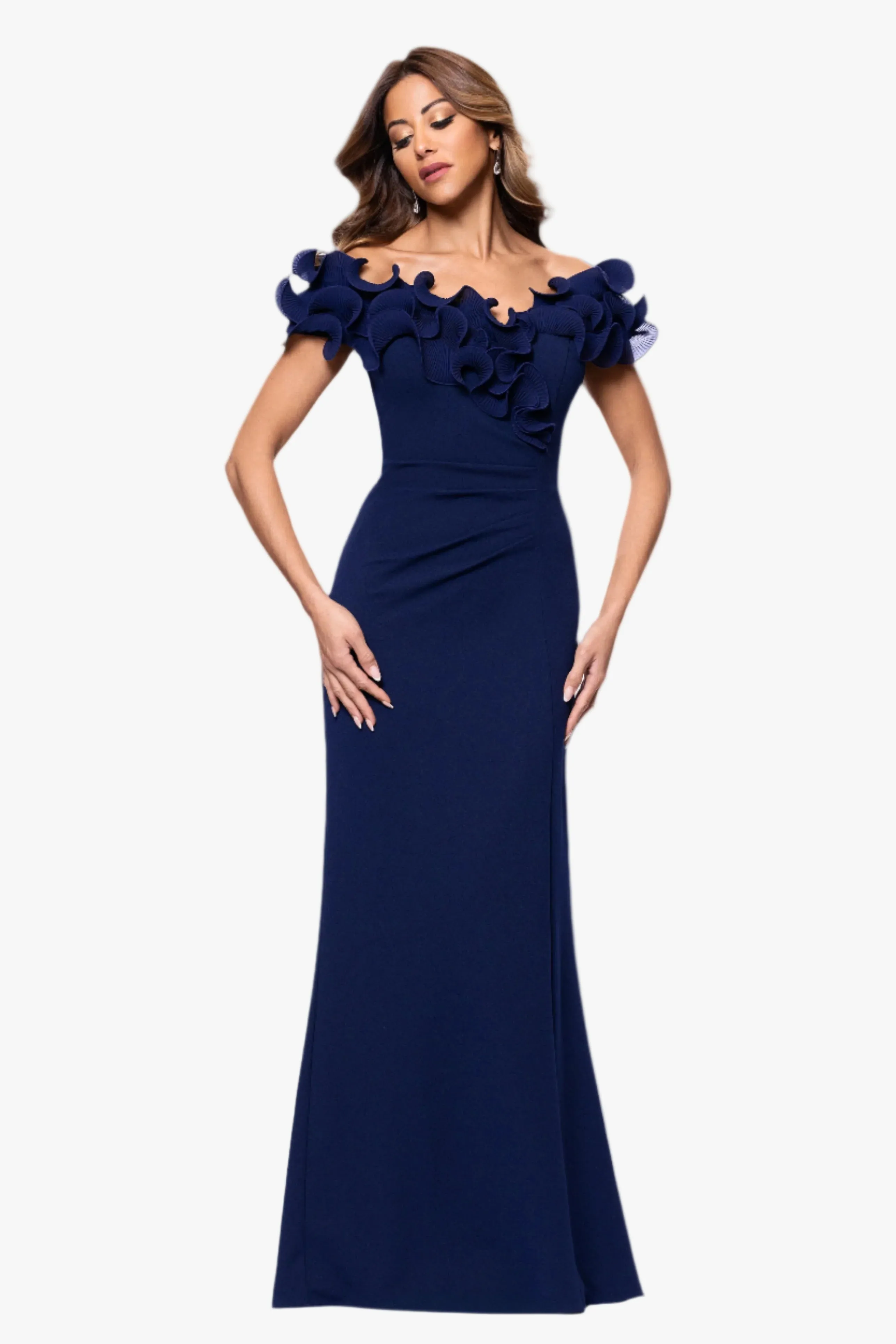 Petite "Anya" Scuba Crepe Off the Shoulder Chiffon Ruffle Neckline Dress sold by Xscape