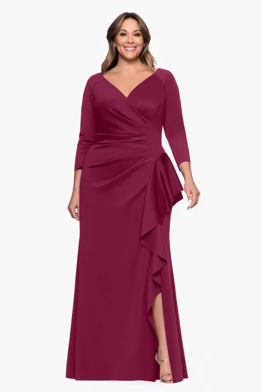 Plus "Amber" Techno Scuba 3/4 Sleeve V-Neck Ruffle Dress made by Xscape