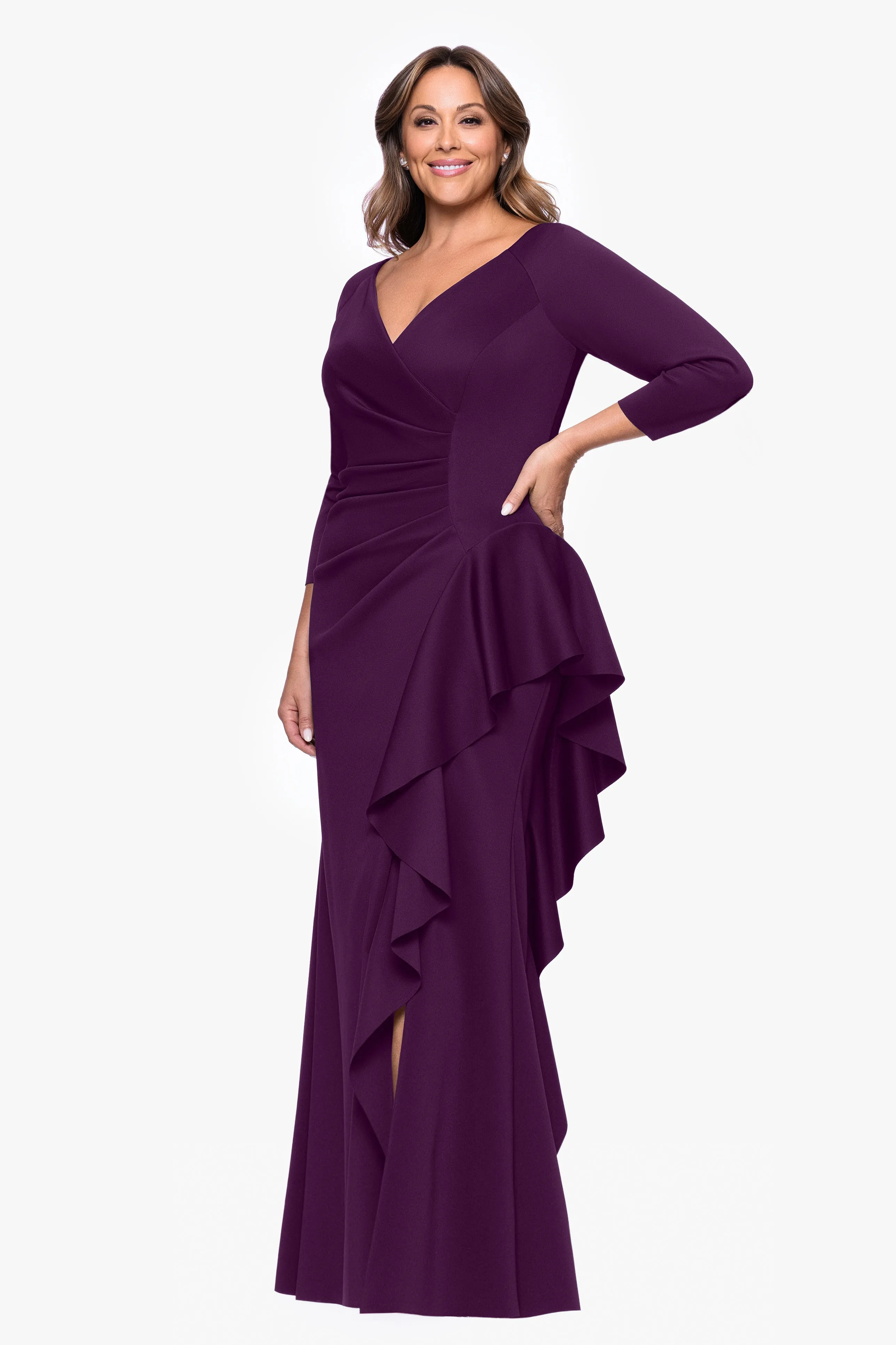 Plus "Amber" Techno Scuba 3/4 Sleeve V-Neck Ruffle Dress sold by Xscape product image thumbnail 4