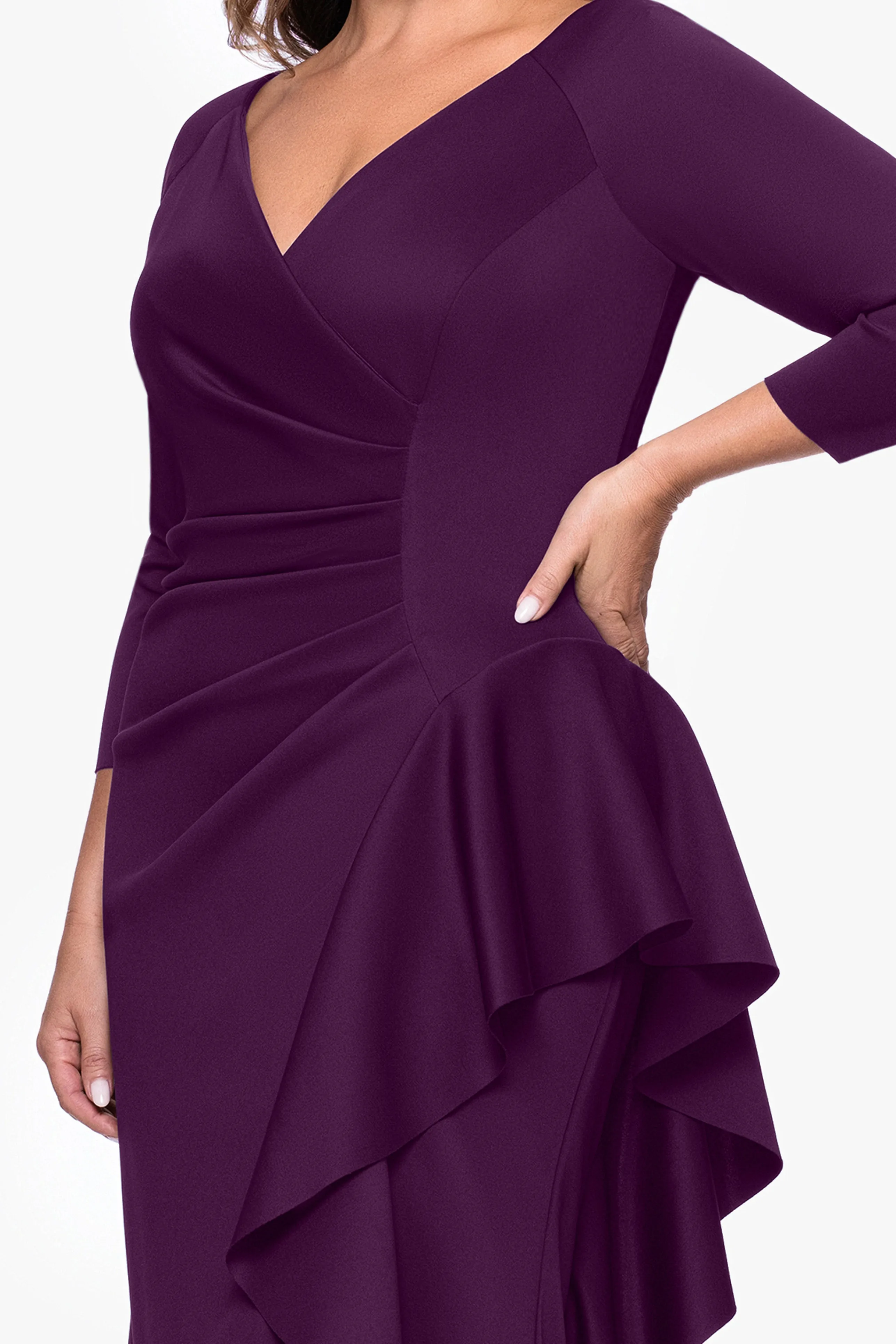 Plus "Amber" Techno Scuba 3/4 Sleeve V-Neck Ruffle Dress sold by Xscape product image thumbnail 2