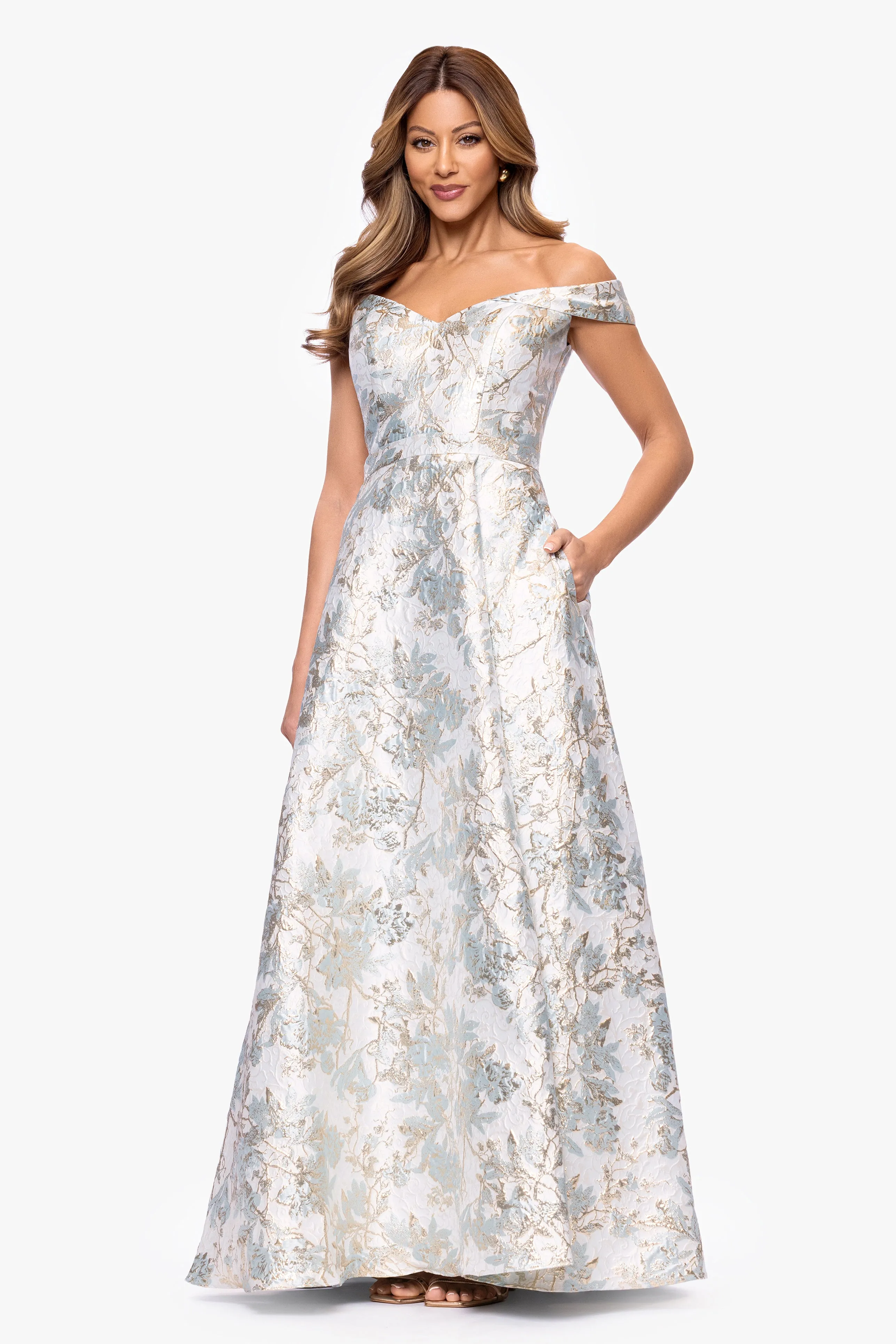 "Sammi" Brocade Off the Shoulder Dress sold by Xscape product image thumbnail 4