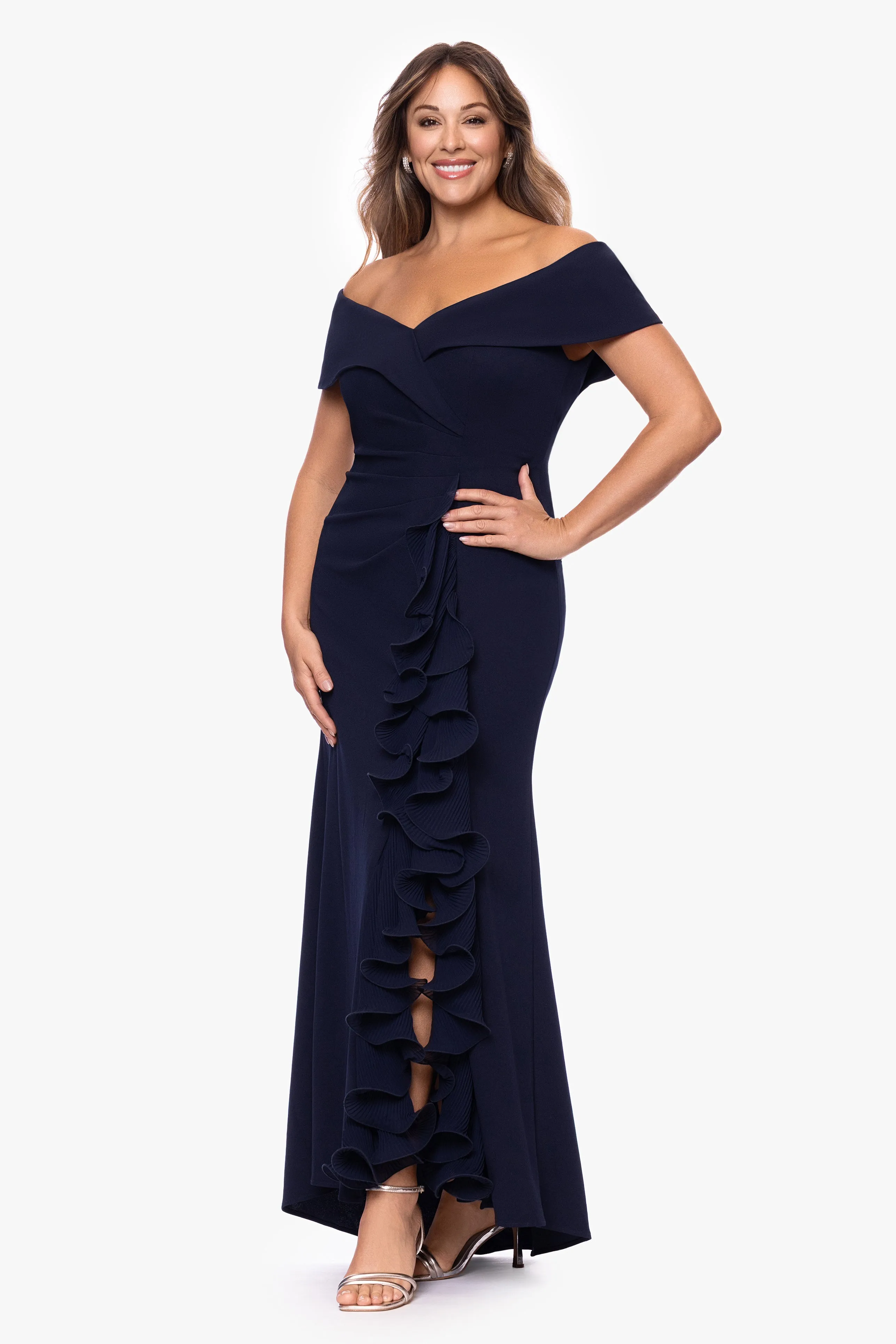 Plus "Sara" Scuba Crepe with Chiffon Ruffle Dress sold by Xscape product image thumbnail 4