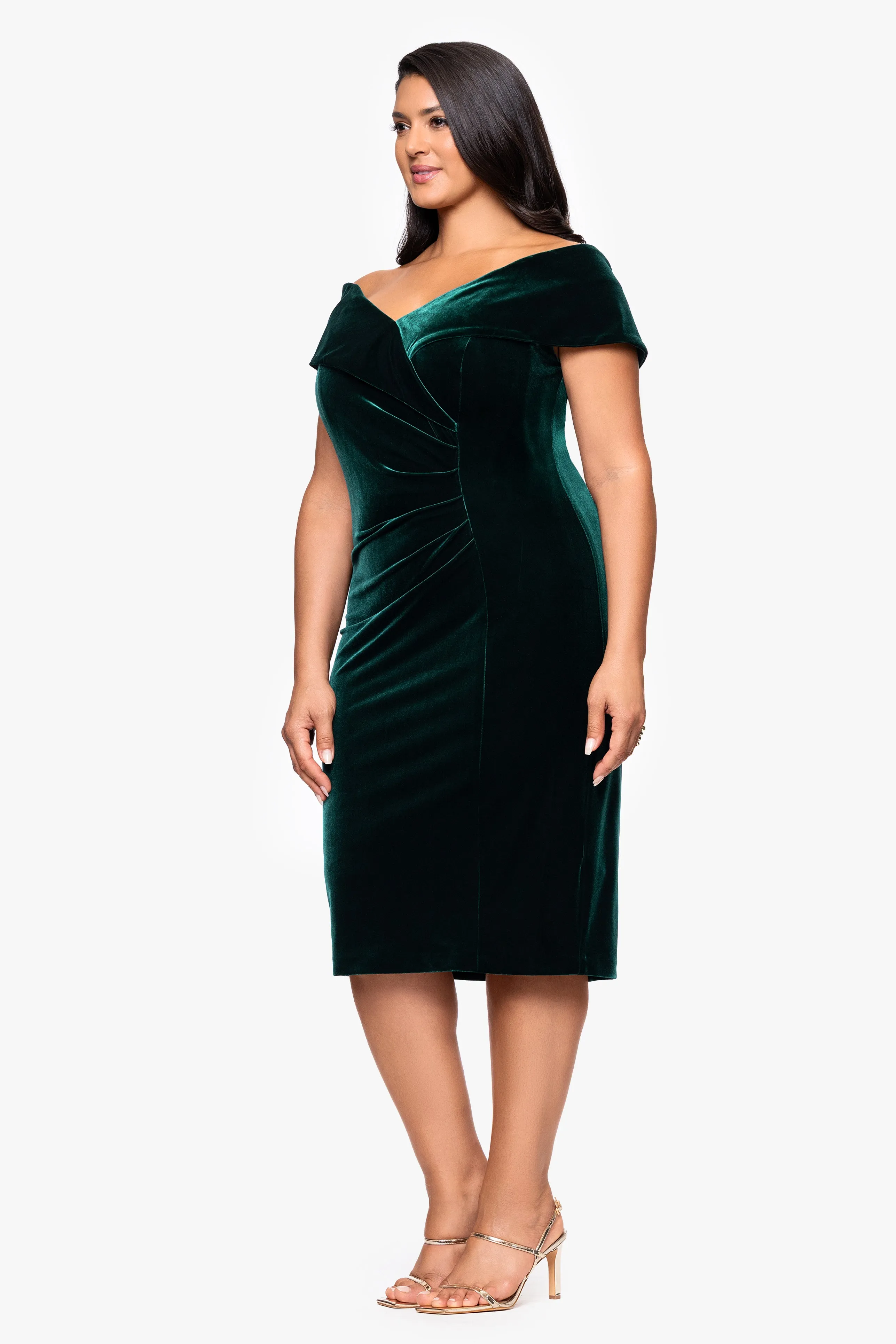 Plus "Felicity" Off the Shoulder Ruched Velvet Dress sold by Xscape product image thumbnail 4