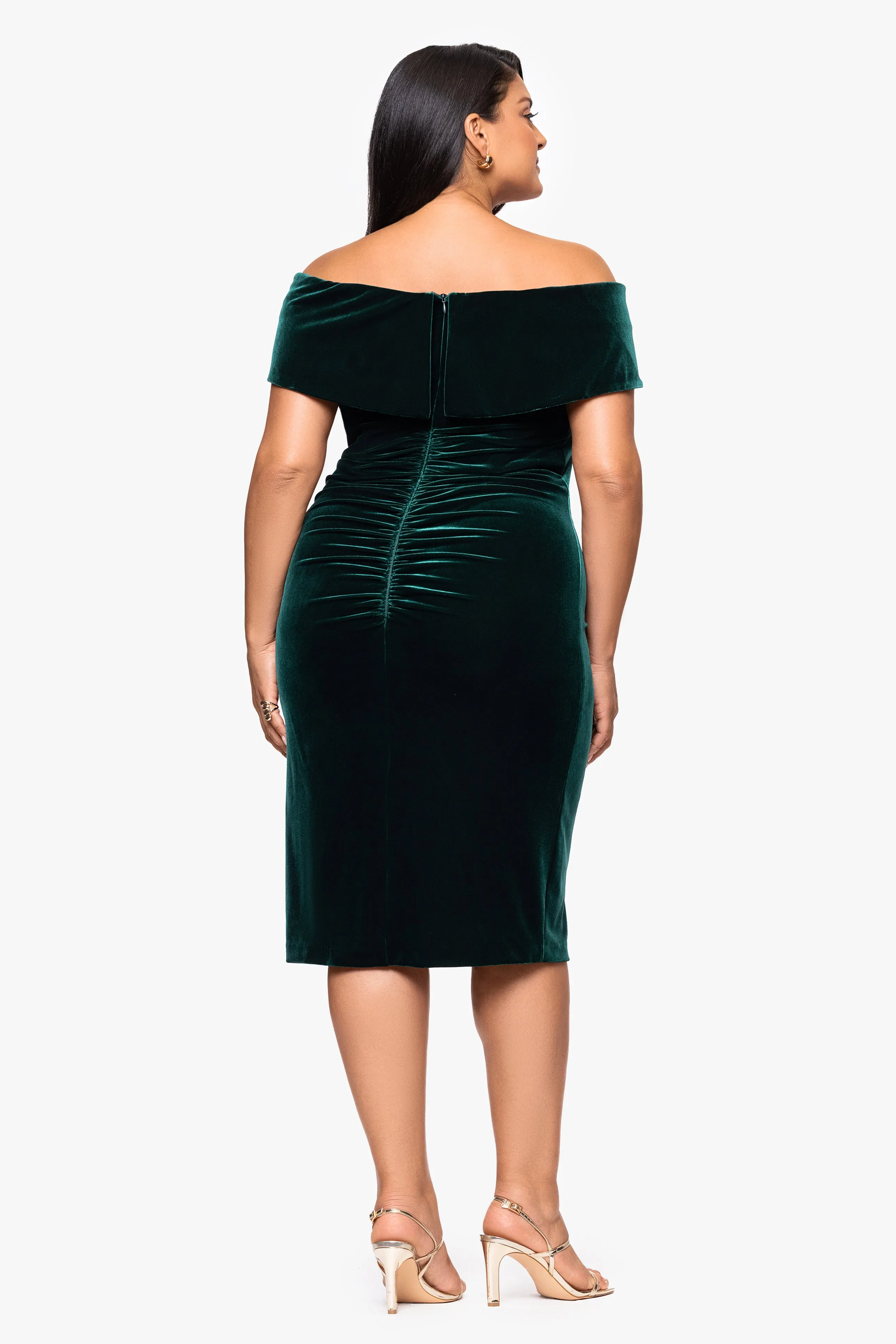 Plus "Felicity" Off the Shoulder Ruched Velvet Dress sold by Xscape product image thumbnail 3
