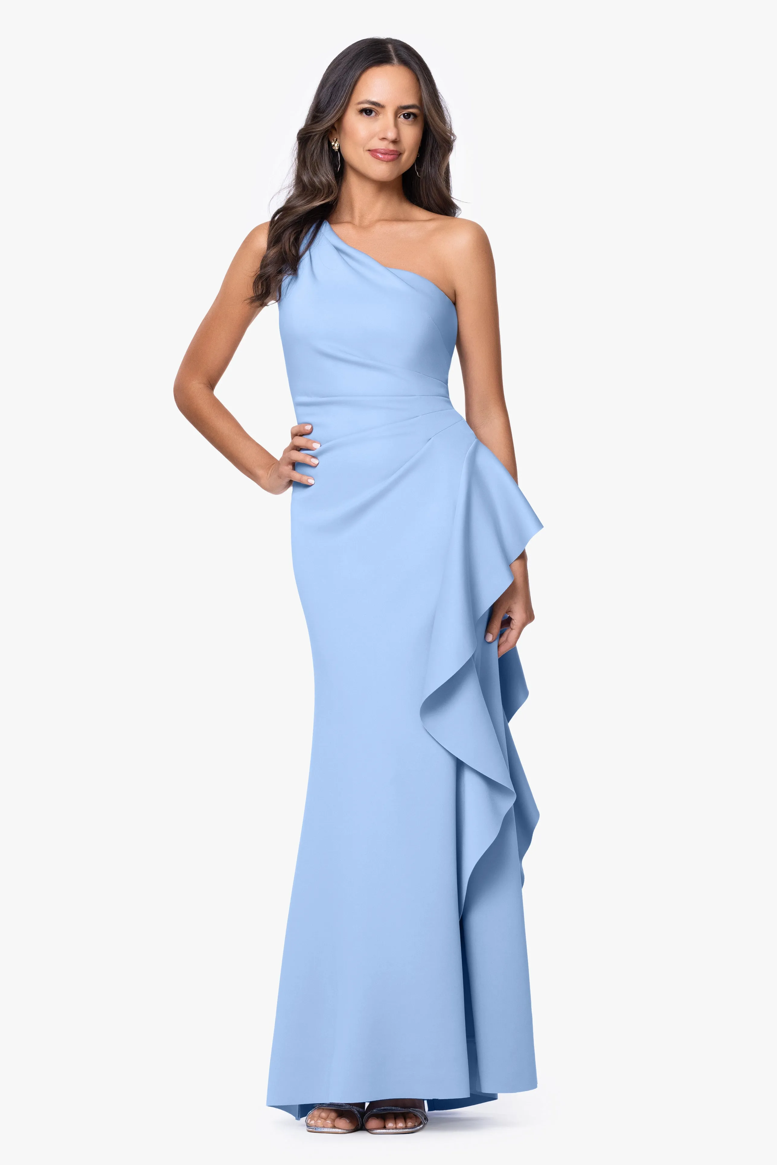 Petite "Flo" Techno Scuba One Shoulder Ruffle Dress sold by Xscape