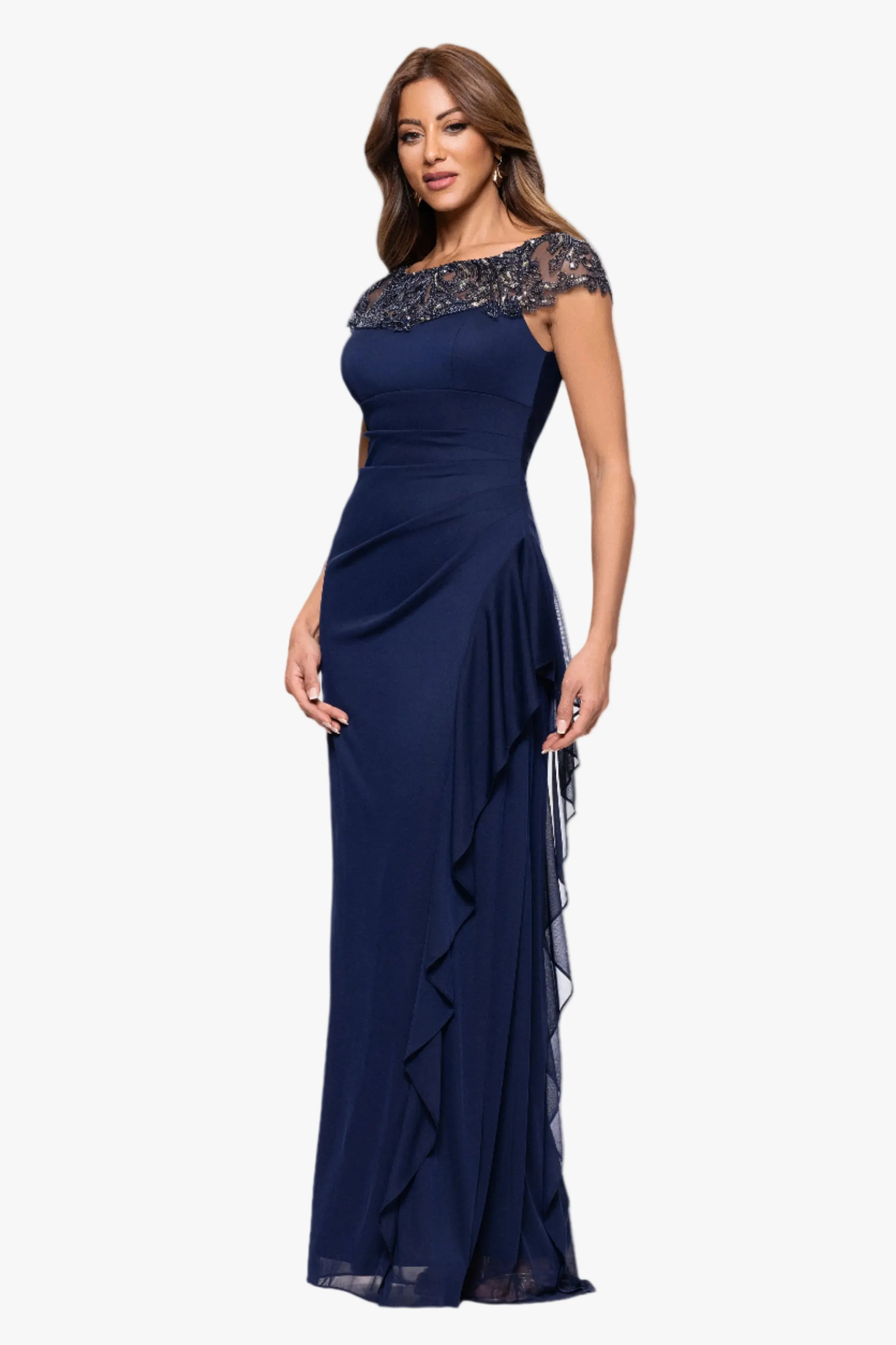 Petite "Cathleen" Sheer Matte Jersey Beaded Neckline Dress sold by Xscape product image thumbnail 4