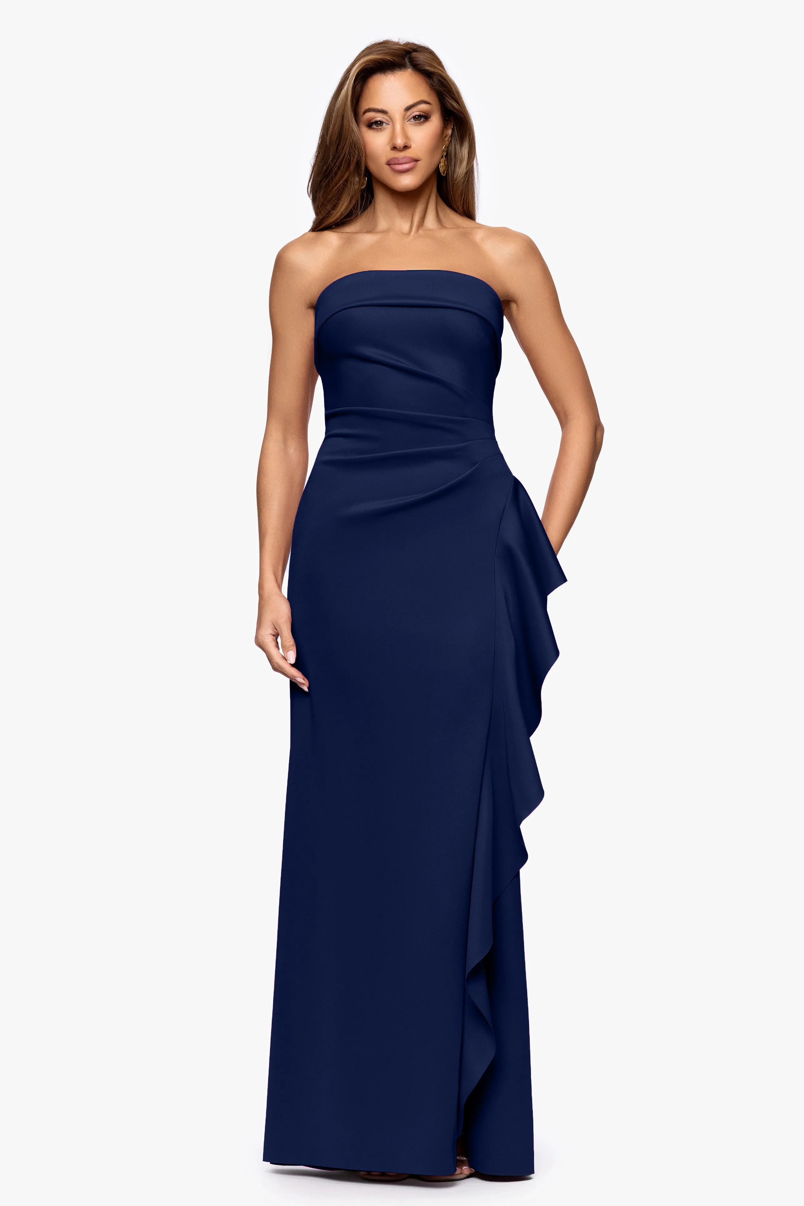 "Jacqueline" Techno Scuba Strapless Ruffle Dress sold by Xscape