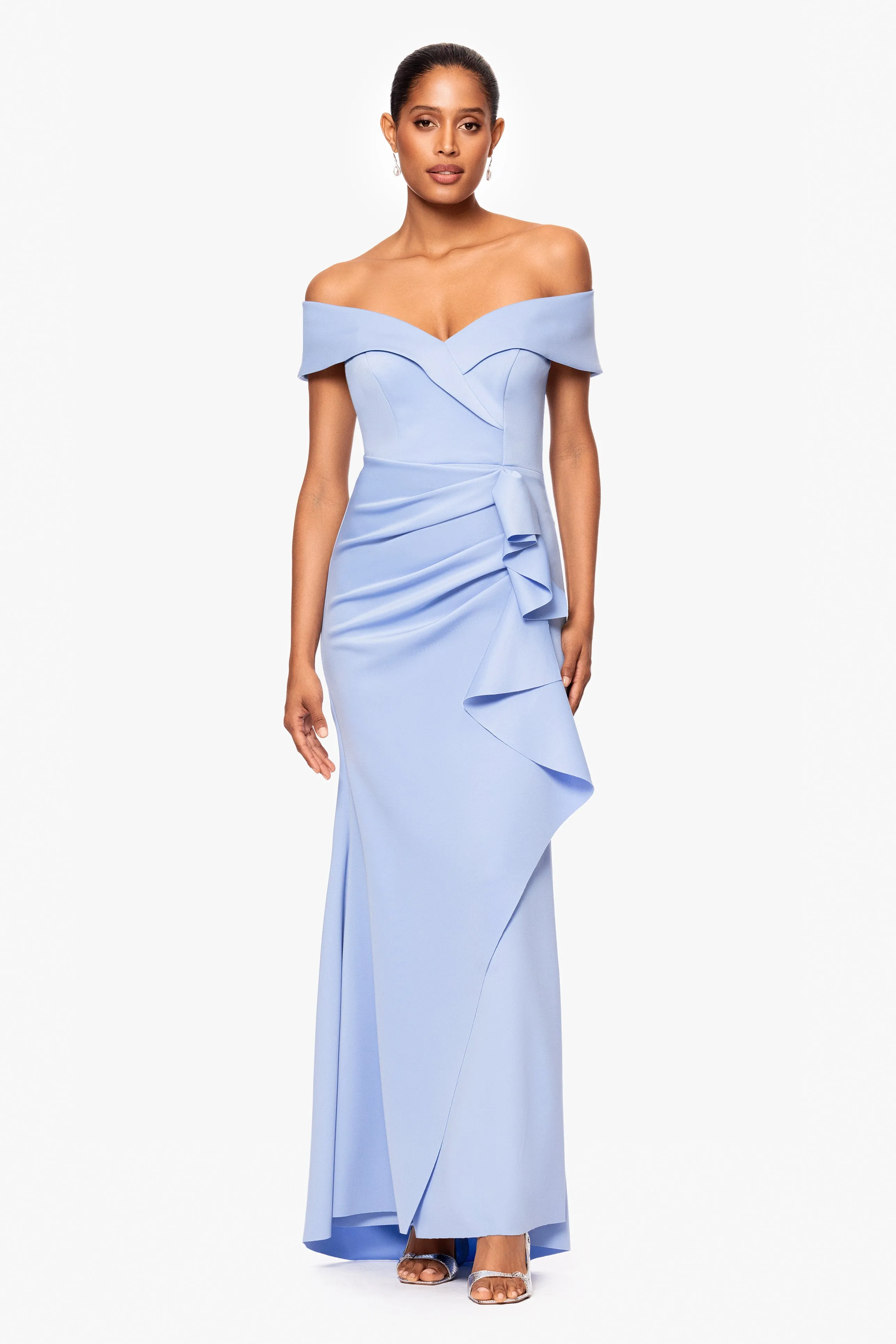 Petite "Patti" Techno Scuba Off The Shoulder Dress sold by Xscape