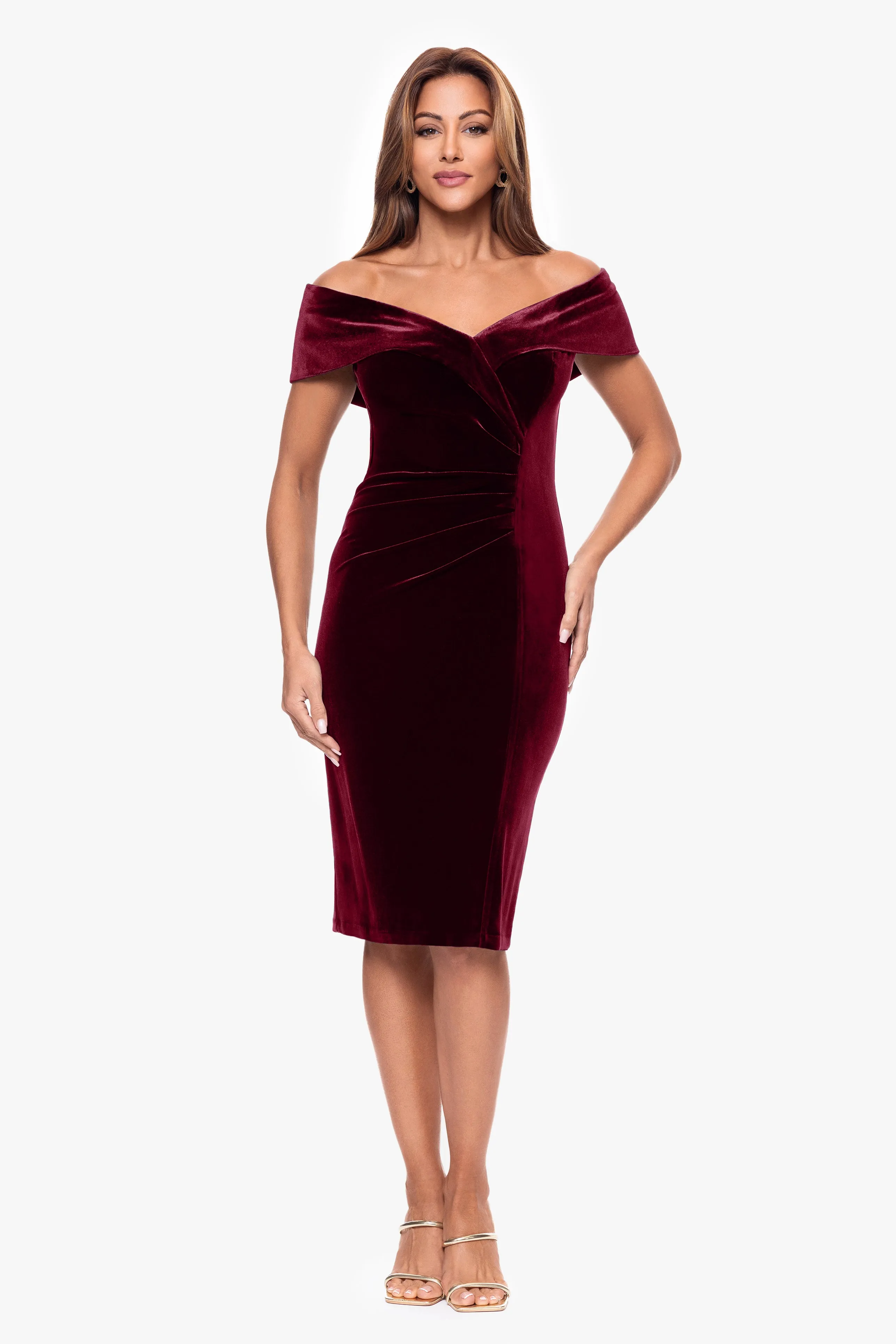 "Felicity" Off the Shoulder Ruched Velvet Dress sold by Xscape