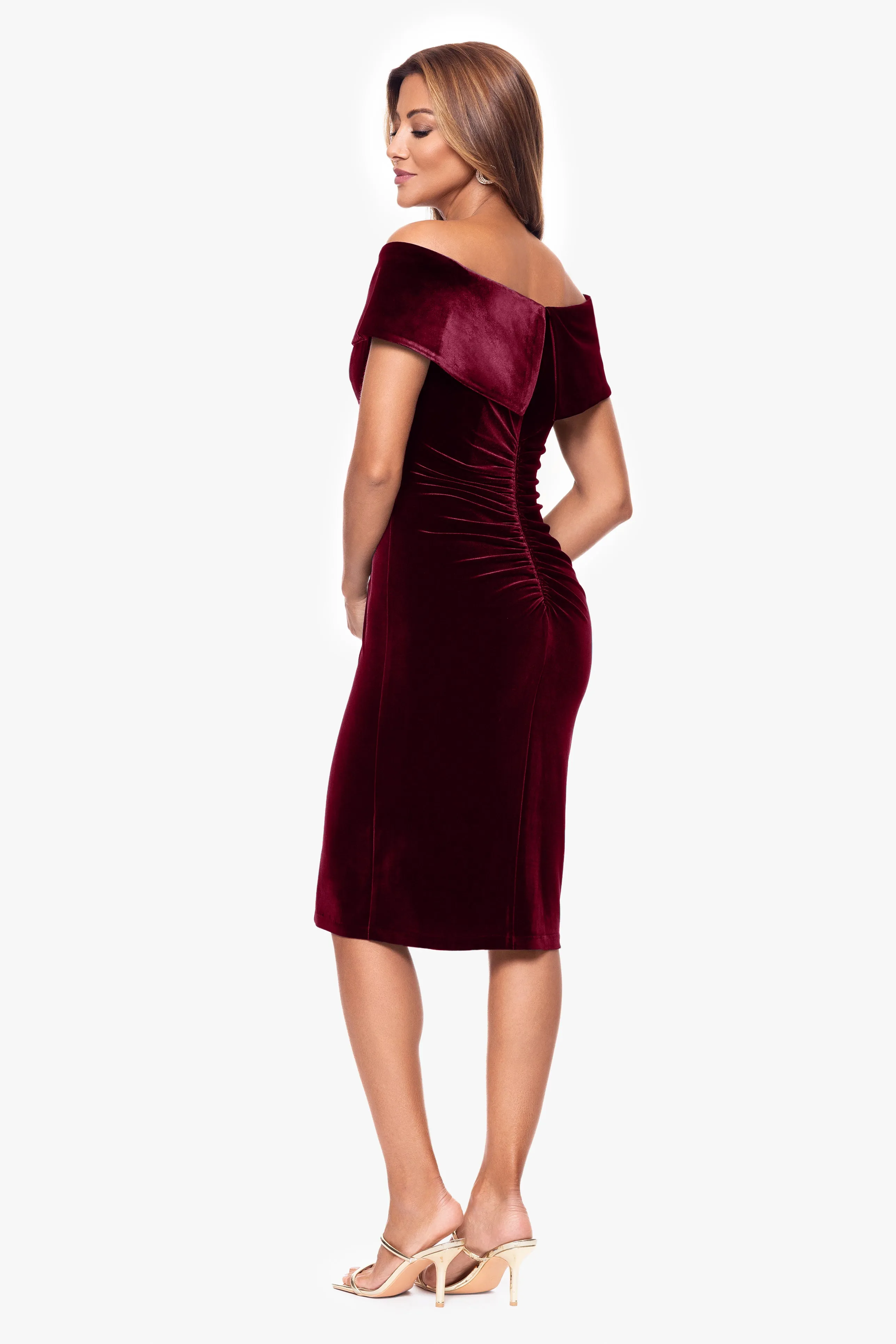 "Felicity" Off the Shoulder Ruched Velvet Dress sold by Xscape product image thumbnail 3