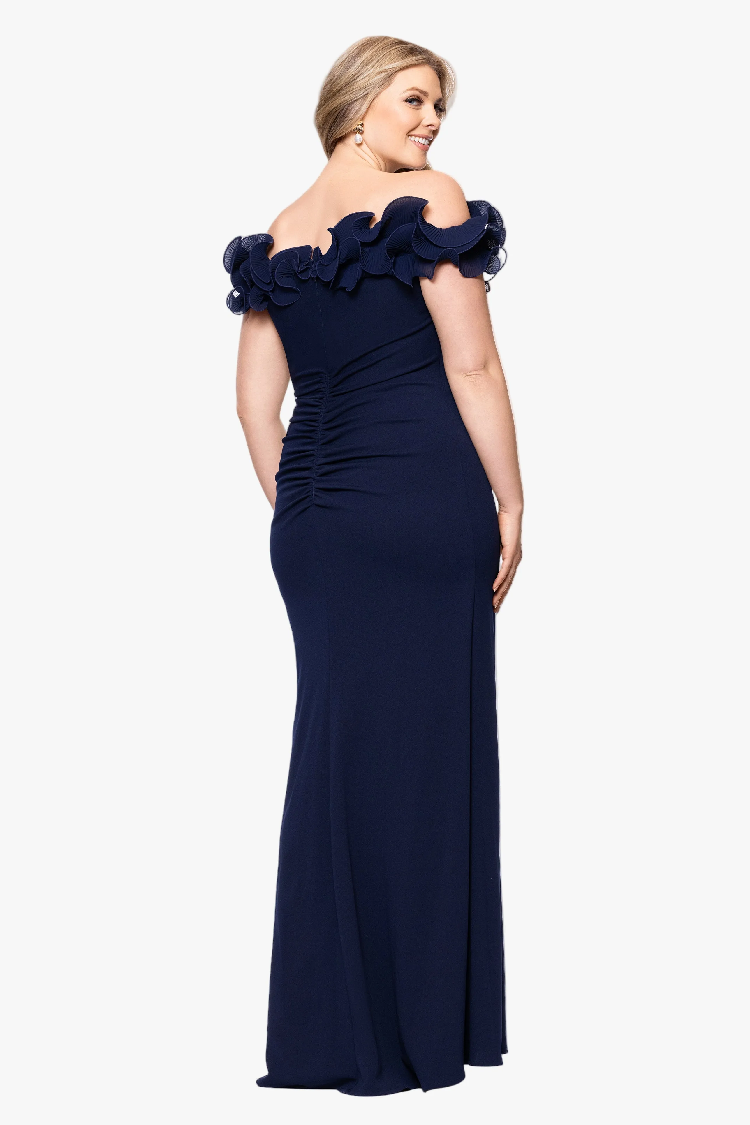 Plus "Anya" Scuba Crepe & Chiffon Ruffle Off the Shoulder Dress sold by Xscape product image thumbnail 4