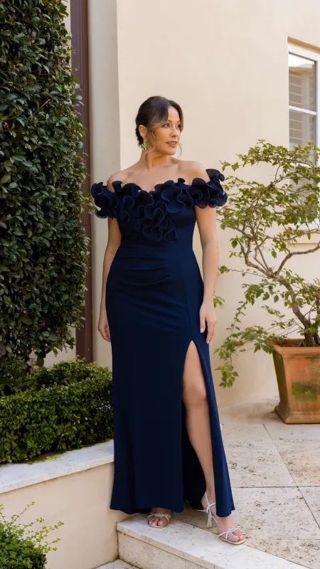 Plus "Anya" Scuba Crepe & Chiffon Ruffle Off the Shoulder Dress made by Xscape