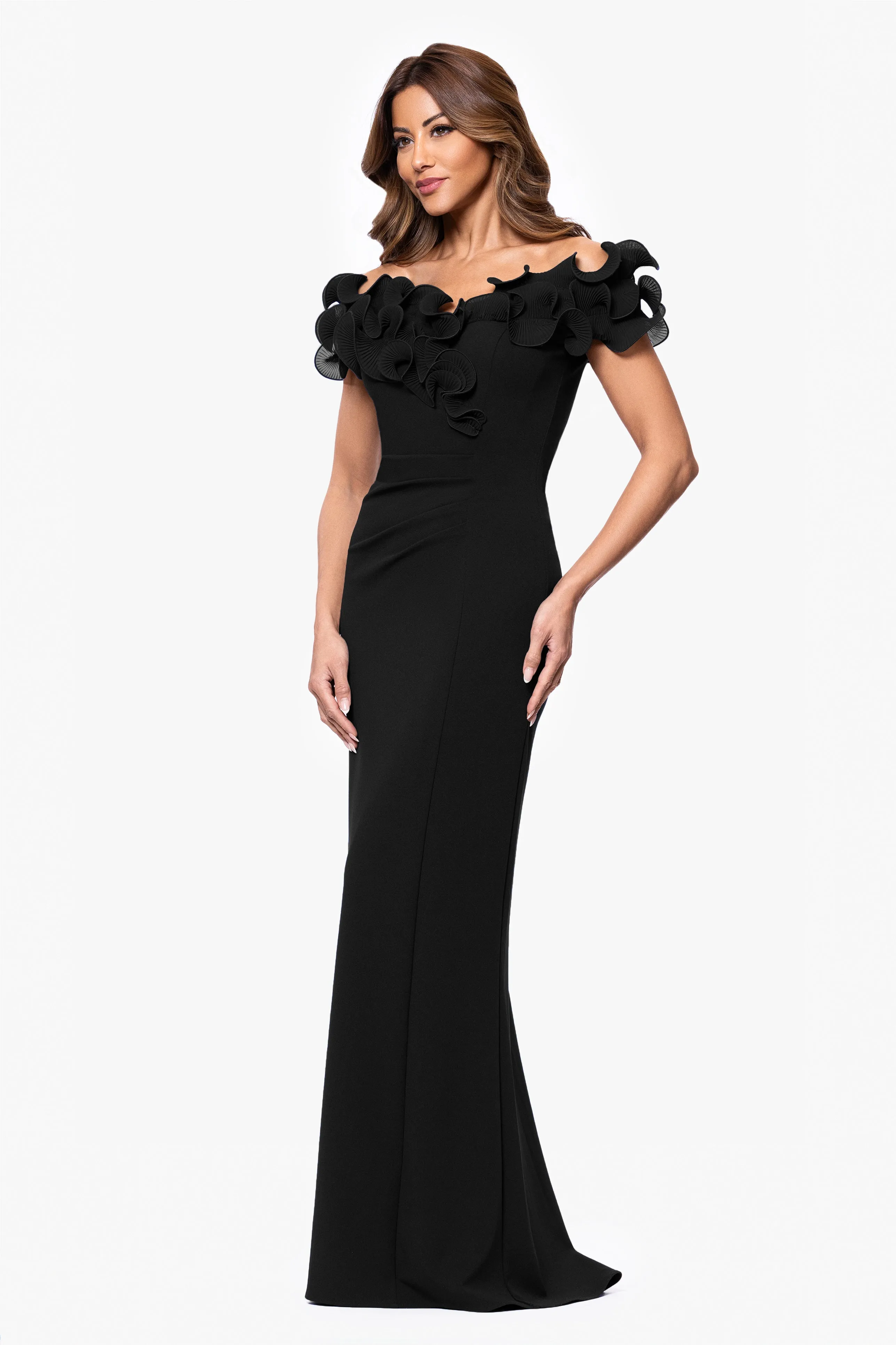 Petite "Anya" Scuba Crepe & Chiffon Ruffle Off the Shoulder Dress sold by Xscape product image thumbnail 5
