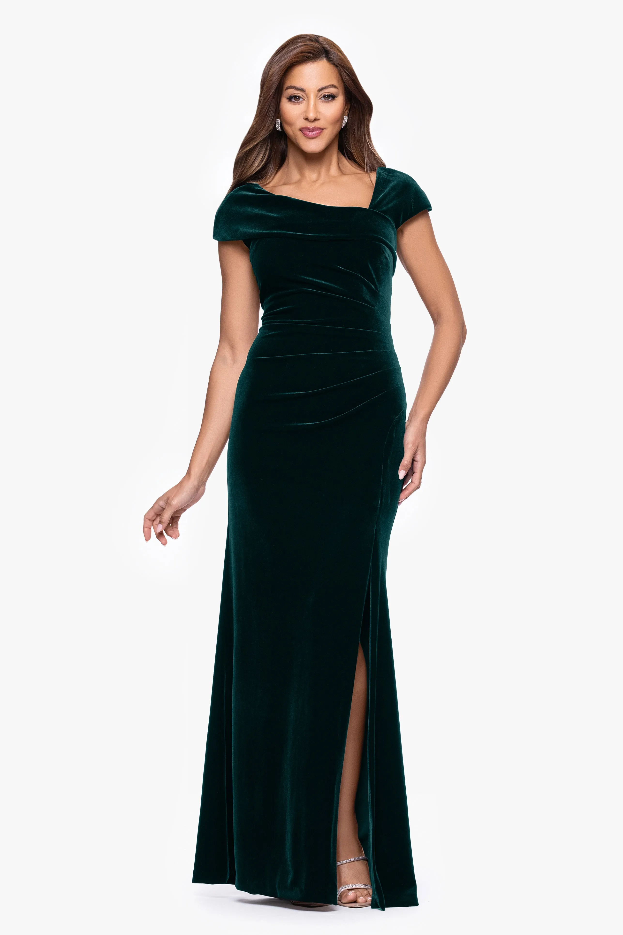 "Katrina" Velvet Asymmetrical Neckline Cap Sleeve Dress sold by Xscape product image thumbnail 4