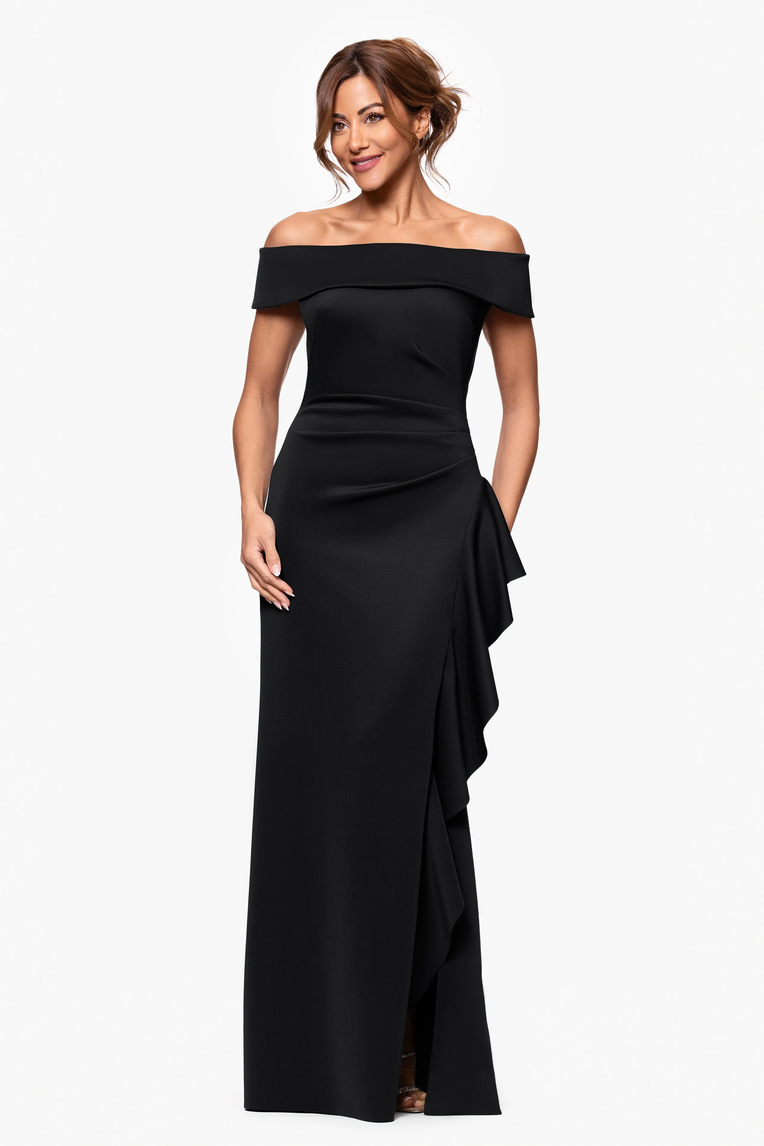 Petite "Dolly" Techno Scuba Off the Shoulder Ruffle Dress sold by Xscape product image thumbnail 4