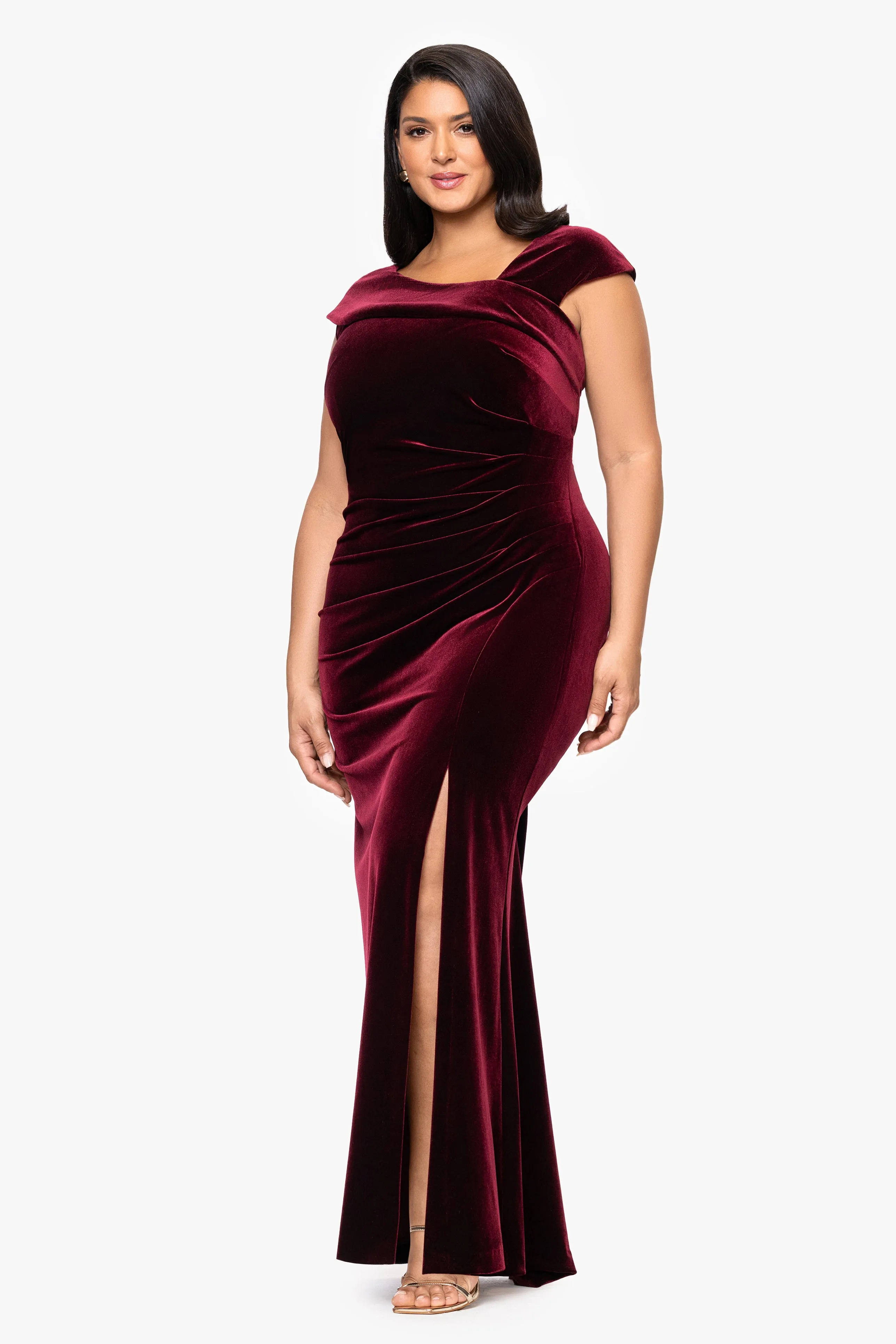 Plus "Katrina" Velvet Asymmetrical Neckline Cap Sleeve Dress sold by Xscape product image thumbnail 4