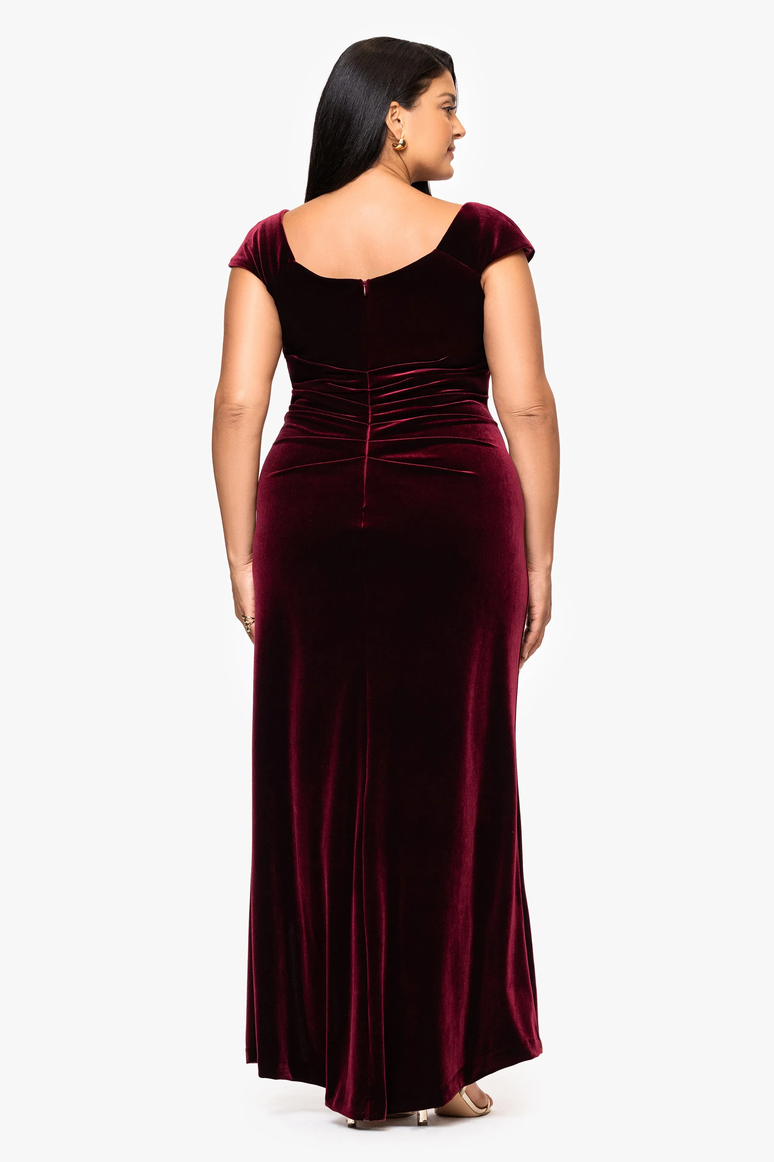 Plus "Katrina" Velvet Asymmetrical Neckline Cap Sleeve Dress sold by Xscape product image thumbnail 3