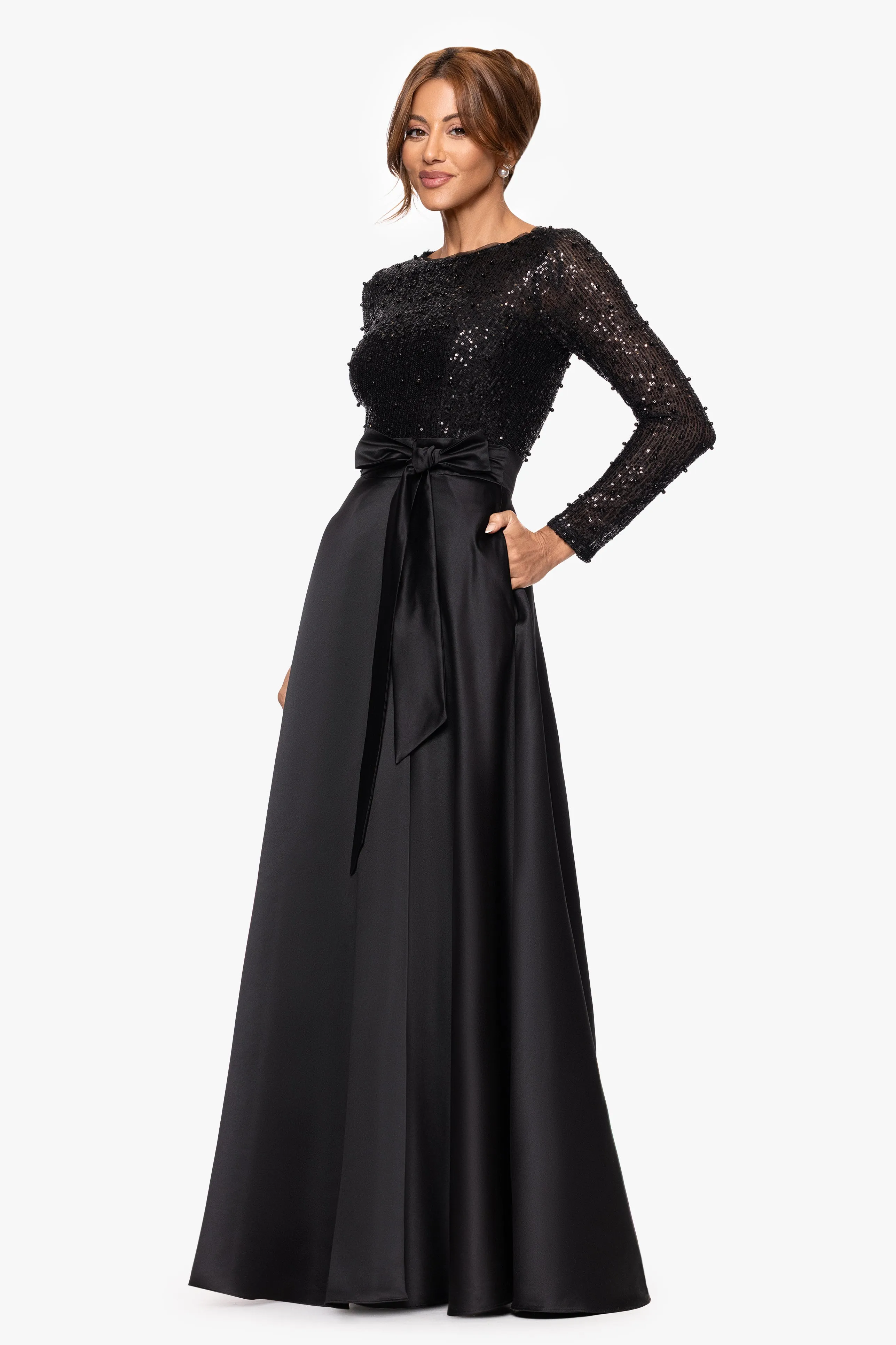 "Isabel" Satin Skirt and Sequin Bodice Long Sleeve Dress sold by Xscape product image thumbnail 4